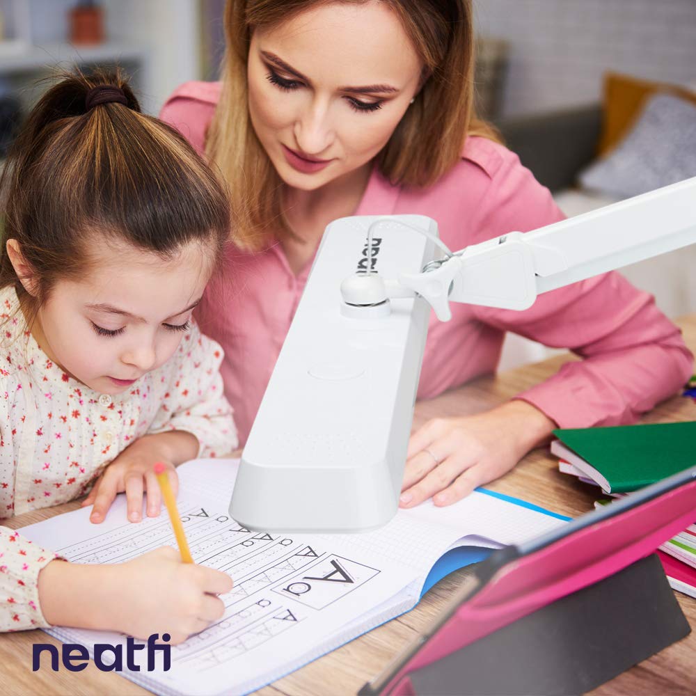 Neatfi XL 2500 Lumens LED Desk Lamp with Clamp - 22 Inch Wide Adjustable Dimmable Light, 3 Color Modes & 4 Brightness Levels - Perfect for Home Office, Study, Crafting, Nail Art & Hobbies (CCT, White) - Ideal for Reading, Working & Detailed Tasks