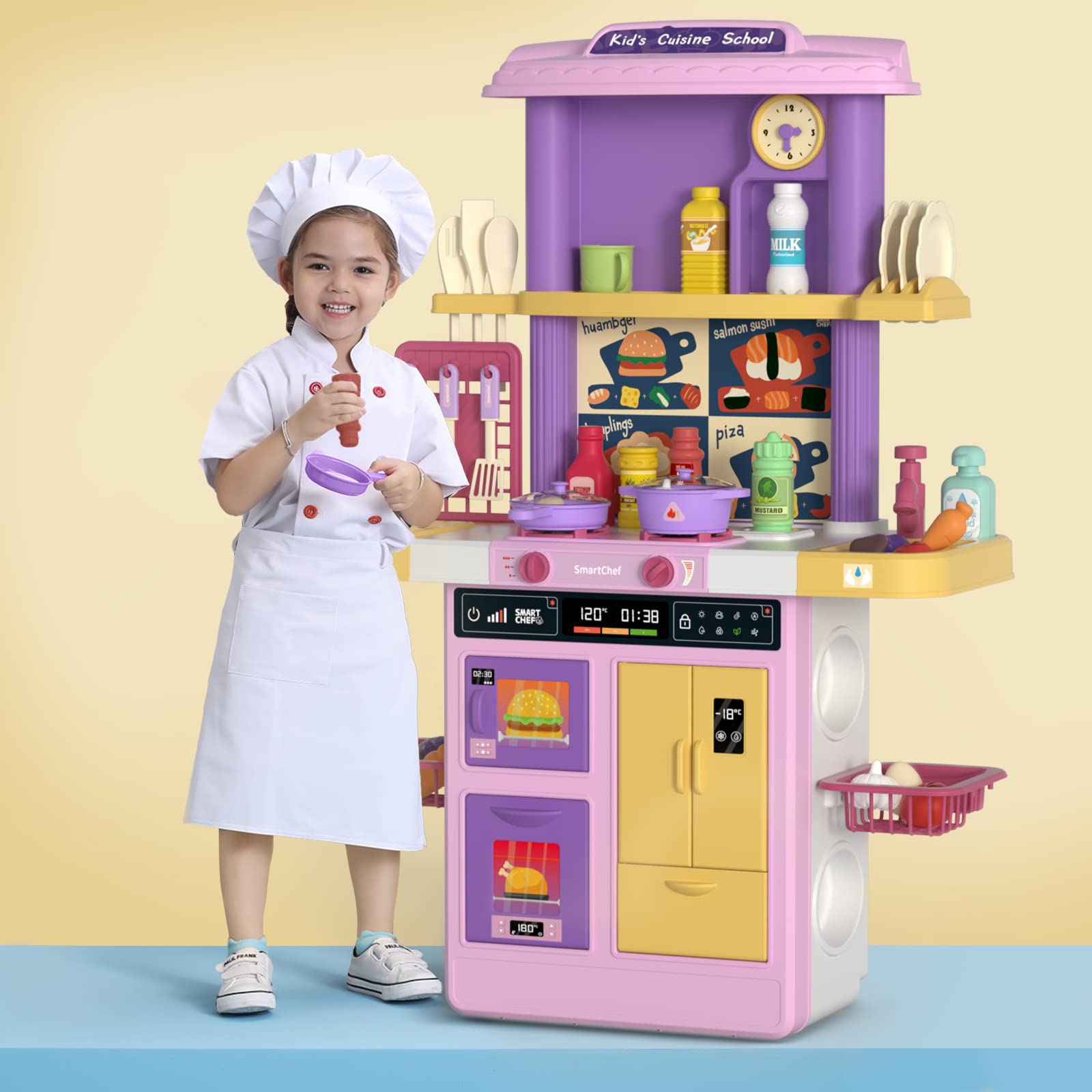 SmartChef Kitchen Playset for Kids - 49 PCS Toy Accessories with Real Sounds & Lights - Pretend Play Kitchen Toys for Toddlers, Girls & Boys - Perfect for Birthday Gifts & Role Play Learning
