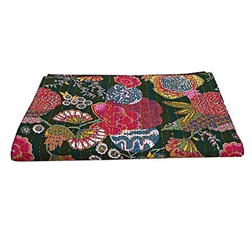 Handmade Indian Kantha Quilt - Floral Fruit Print Reversible Bedspread, Twin Size Throw Blanket for Bedroom Decor, Sofa Cover, or Bohemian Style Gift