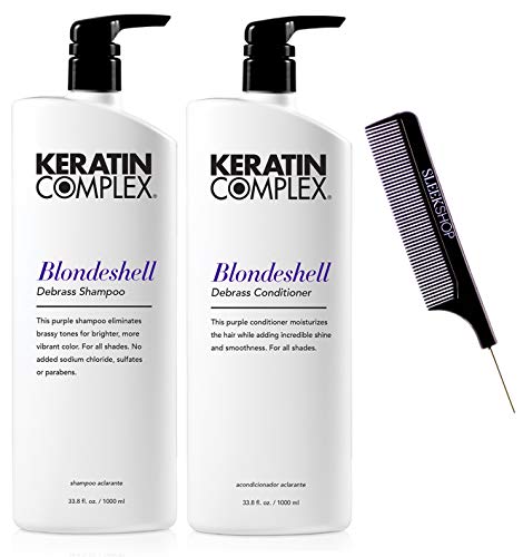 Keratin Complex BLONDESHELL Purple Shampoo & Conditioner Set for Blonde, Silver & Brassy Hair - 33.8oz Violet Toning Duo to Neutralize Yellow Tones - Perfect for Salon Stylists & At-Home Hair Care - Great for Color-Treated, Highlighted or Gray Hair Maintenance