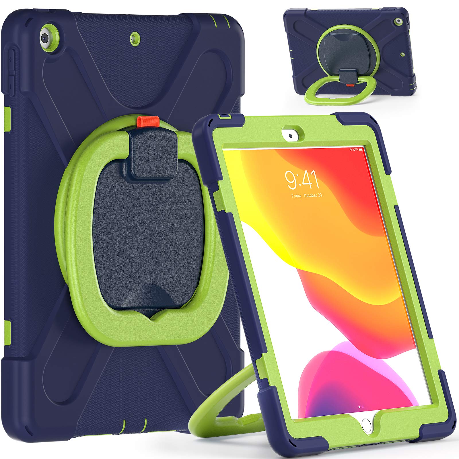 KIQ Ring Shield Heavy Duty Protective Case for iPad 9th/10.2-inch 2021 & 7th/8th Gen 10.2-inch 2019-2020 - with Apple Pencil Holder & Adjustable Shoulder Strap (Dark Blue/Lime Green) - Perfect for Travel, School & Business Use