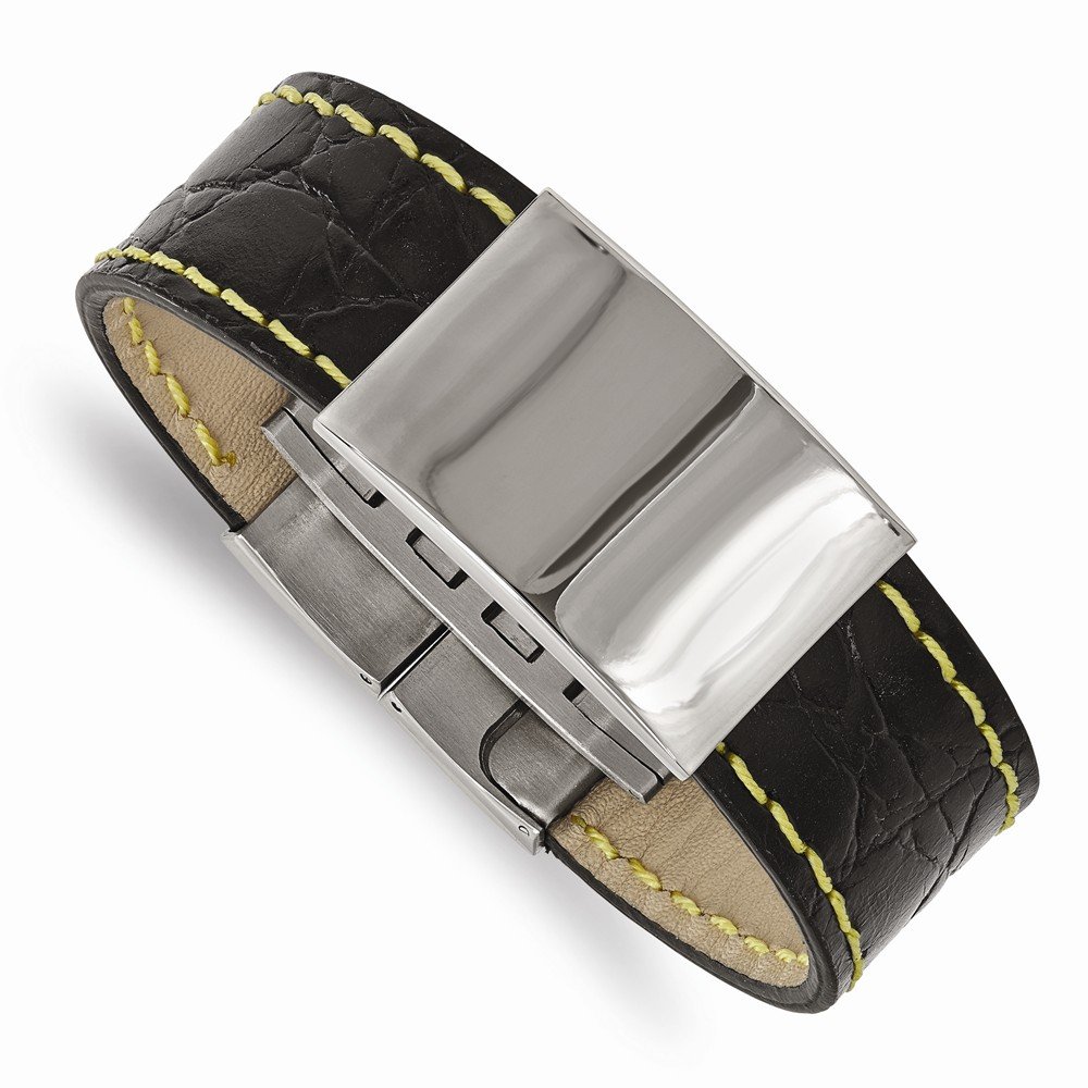 Jewels By Lux Stainless Steel Polished Black Leather Bracelet with Yellow Stitch - Fashion ID Bracelet for Men & Women | Perfect for Casual Wear, Gifts & Everyday Accessories