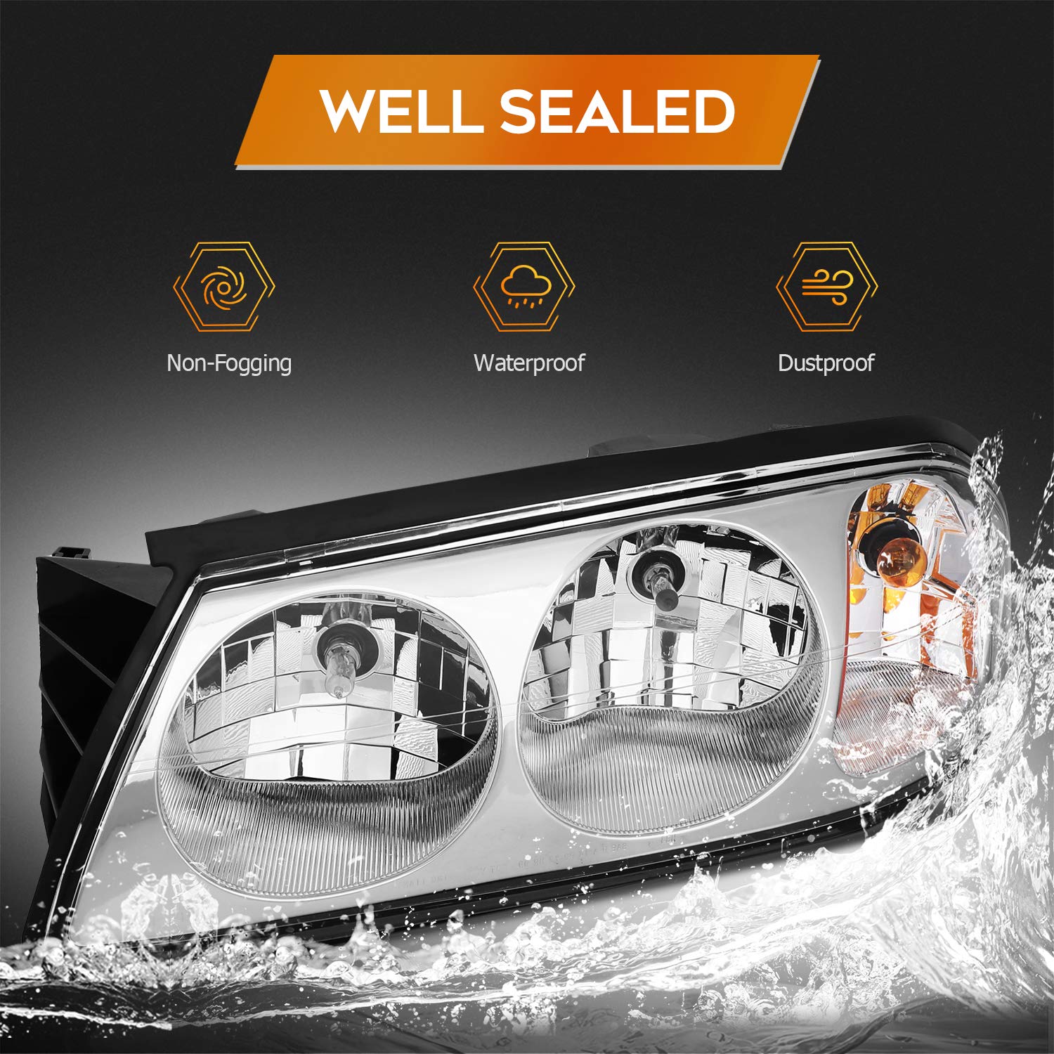 2000-2005 Chevrolet Impala Headlight Assembly - Chrome Housing with Amber Reflector & Clear Lens - Driver & Passenger Side Replacement Headlamps for Night Driving & Enhanced Visibility