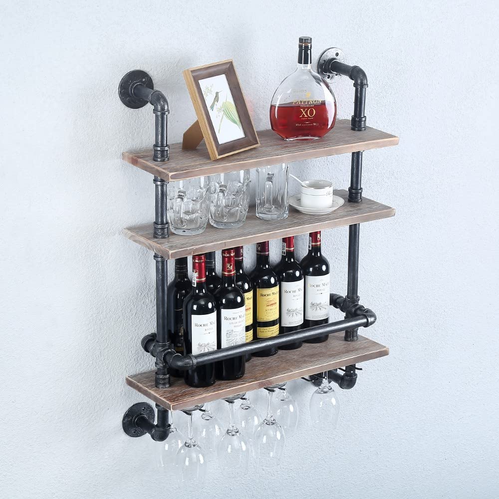 Industrial Pipe Shelf Wine Rack - 24in Wall Mounted Rustic Floating Bar Shelves with 5 Stem Glass Holder, Real Wood Kitchen Wall Shelf Unit, 3-Tier Steam Punk Pipe Shelving for Wine & Glass Storage - Perfect for Kitchen, Dining Room, Bar, and Home Decor