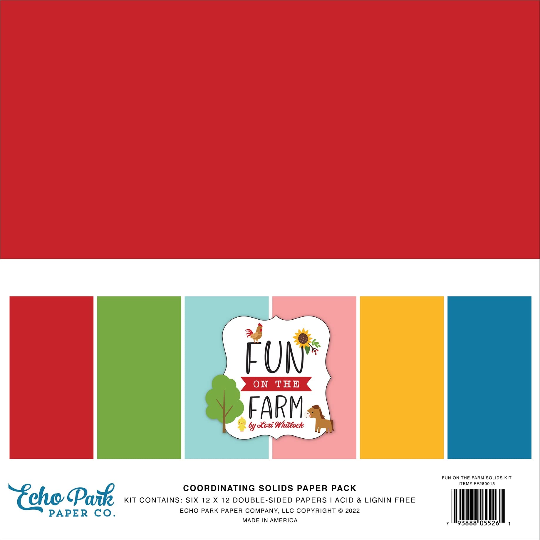 Echo Park Double-Sided Solid Cardstock Paper 12x12 Inches - 6 Sheets/Pack, Fun On The Farm Design, 6 Vibrant Colors | Perfect for Scrapbooking, Card Making & DIY Crafts