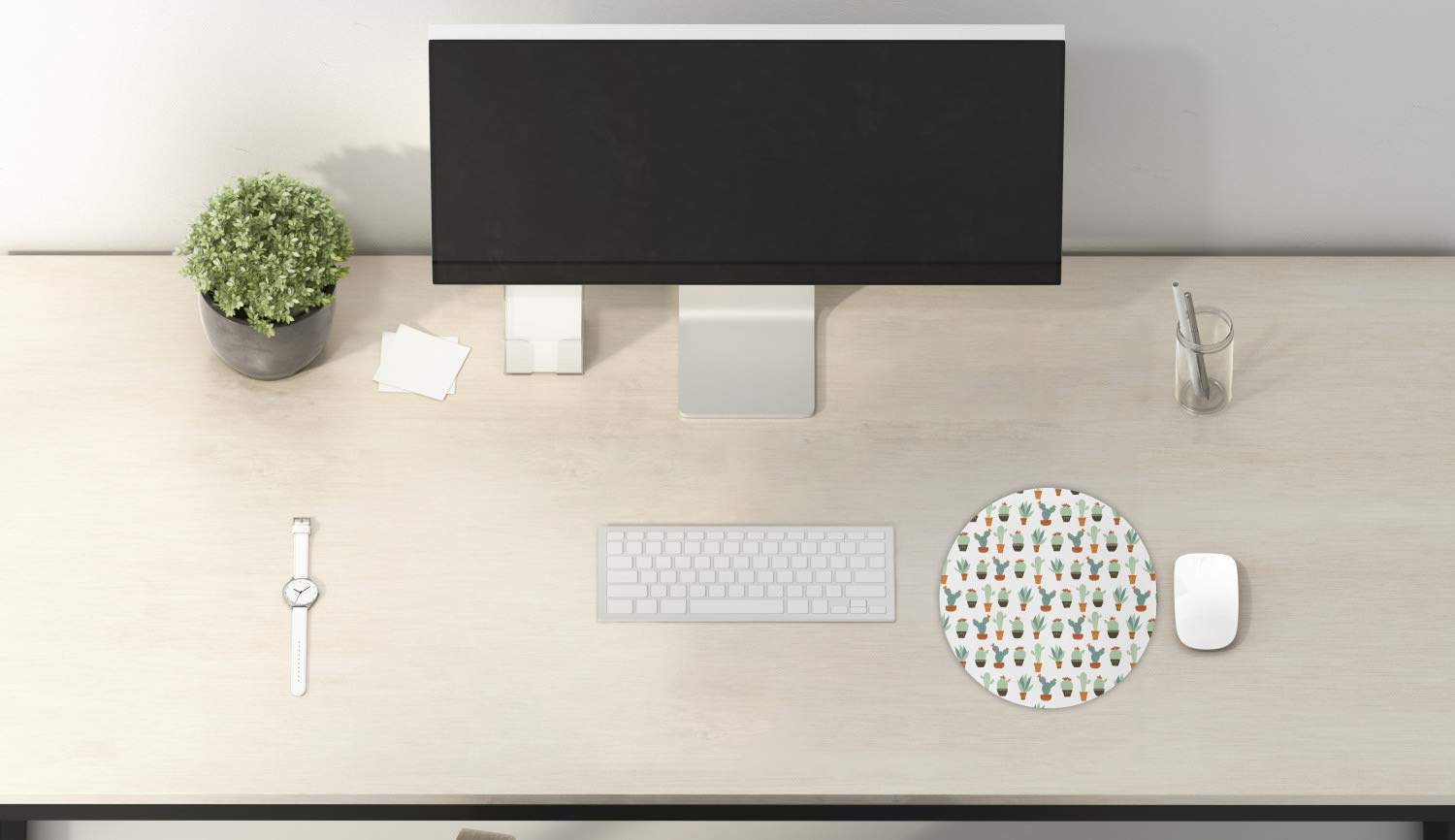 Ambesonne Floral Computer Mouse Pad - Non-Slip Thick Rubber Gaming Mousepad with Cacti & Succulent Plants Design, 8 Inch Round White Multicolor - Perfect for Office, Home & Gaming Setup