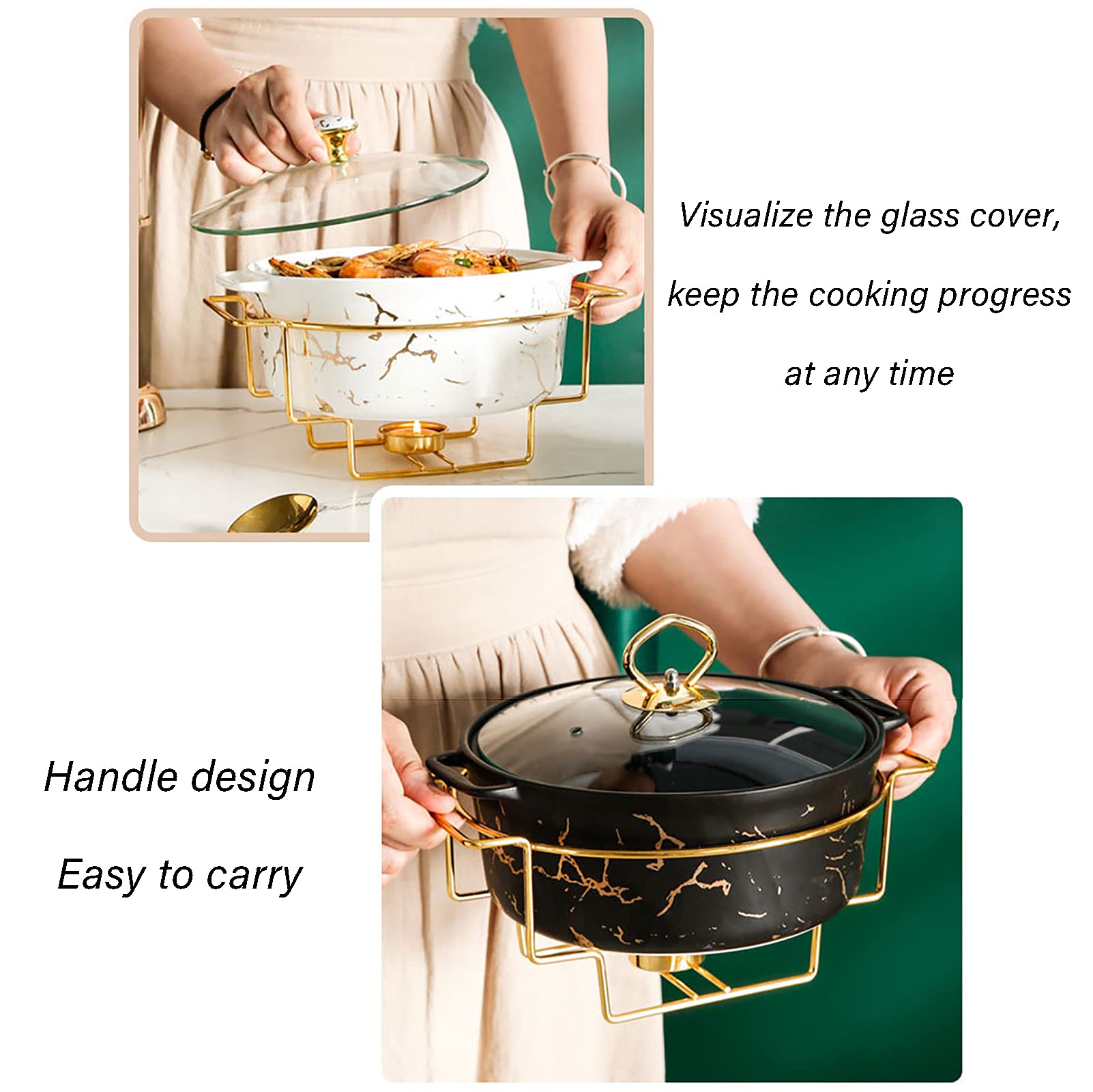 2 Quart Round Chafing Dish Set - Ceramic Marble Finish with Glass Lid for Weddings & Buffets