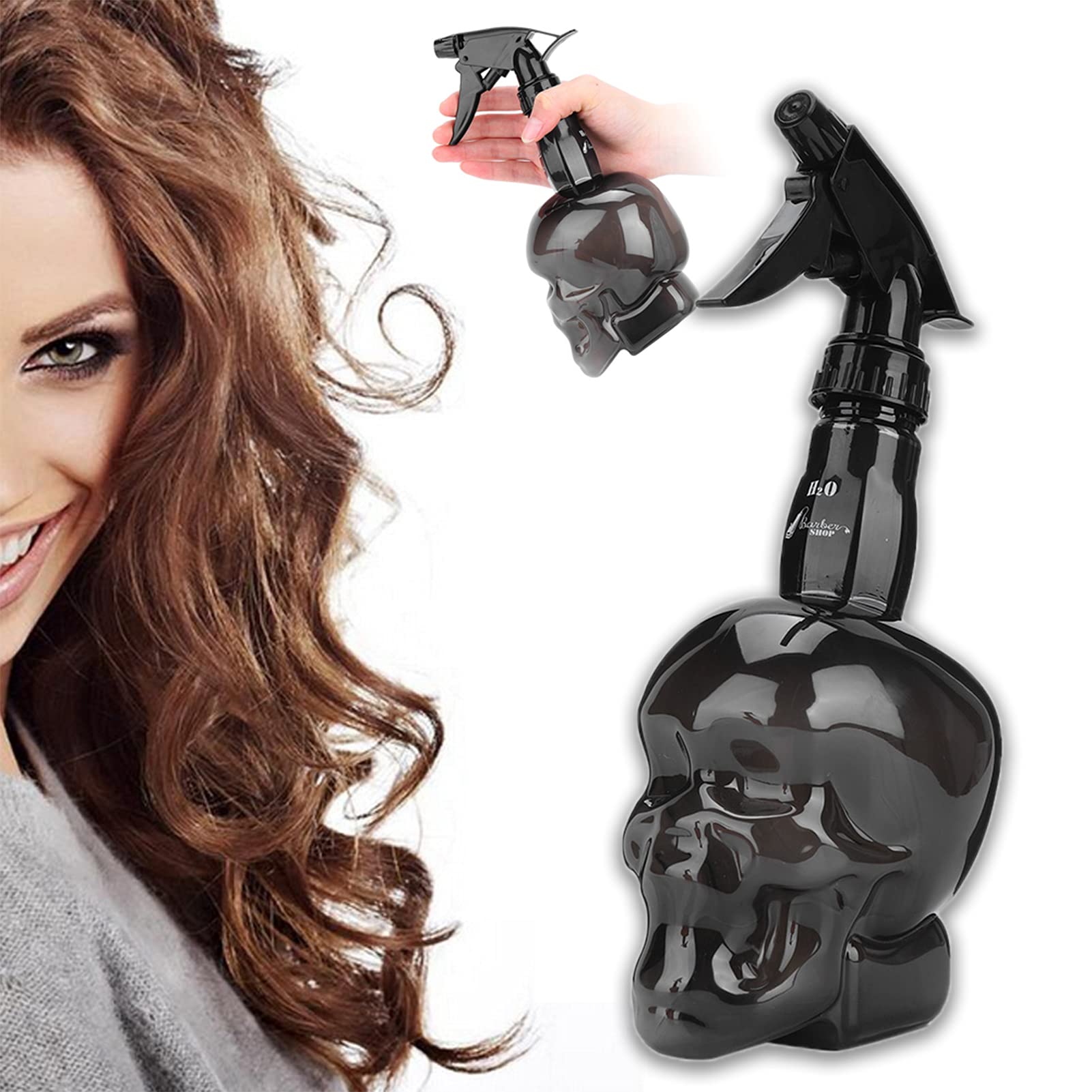 Vintage Skull Shape 250ml Spray Bottle - Hair Styling Mist Water Sprayer for Salon, Barber, Plants & Pets | Empty Refillable Bottle for Hairdressing, Home Cleaning & Gardening (Black)
