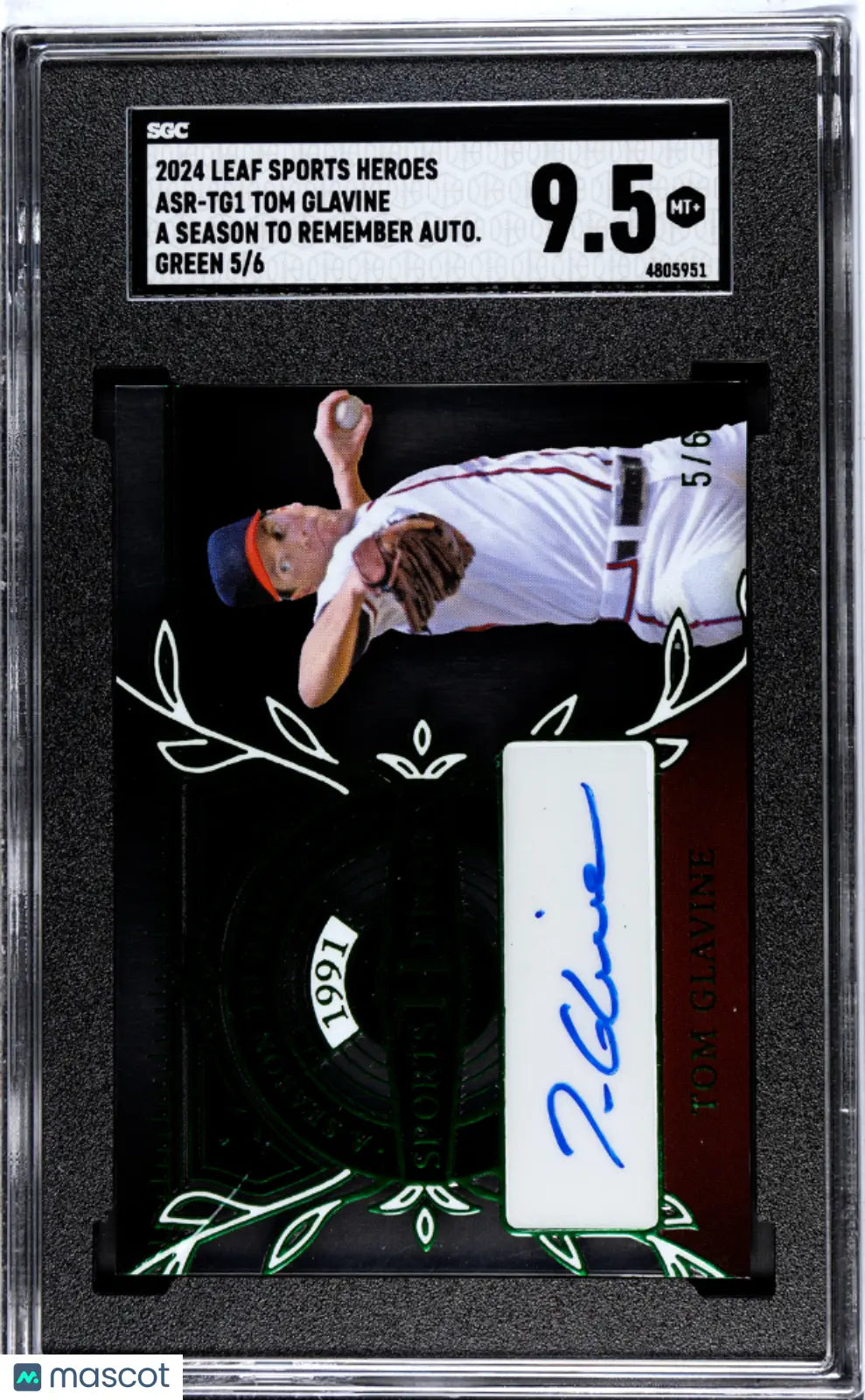2024 Leaf Sports Heroes Tom Glavine A Season To Remember Green Auto SGC 9.5/6 - Rare Baseball Trading Card for Collectors & Investors - Perfect for Display, Gifts & Memorabilia Collections