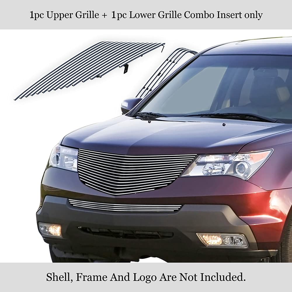 APS Compatible with Acura MDX 2007-2009 Stainless Steel Front Bumper Grille Insert Combo - Upper & Lower Billet Grille in SS Silver (H86616A) - Perfect for Car Customization & Off-Road Protection