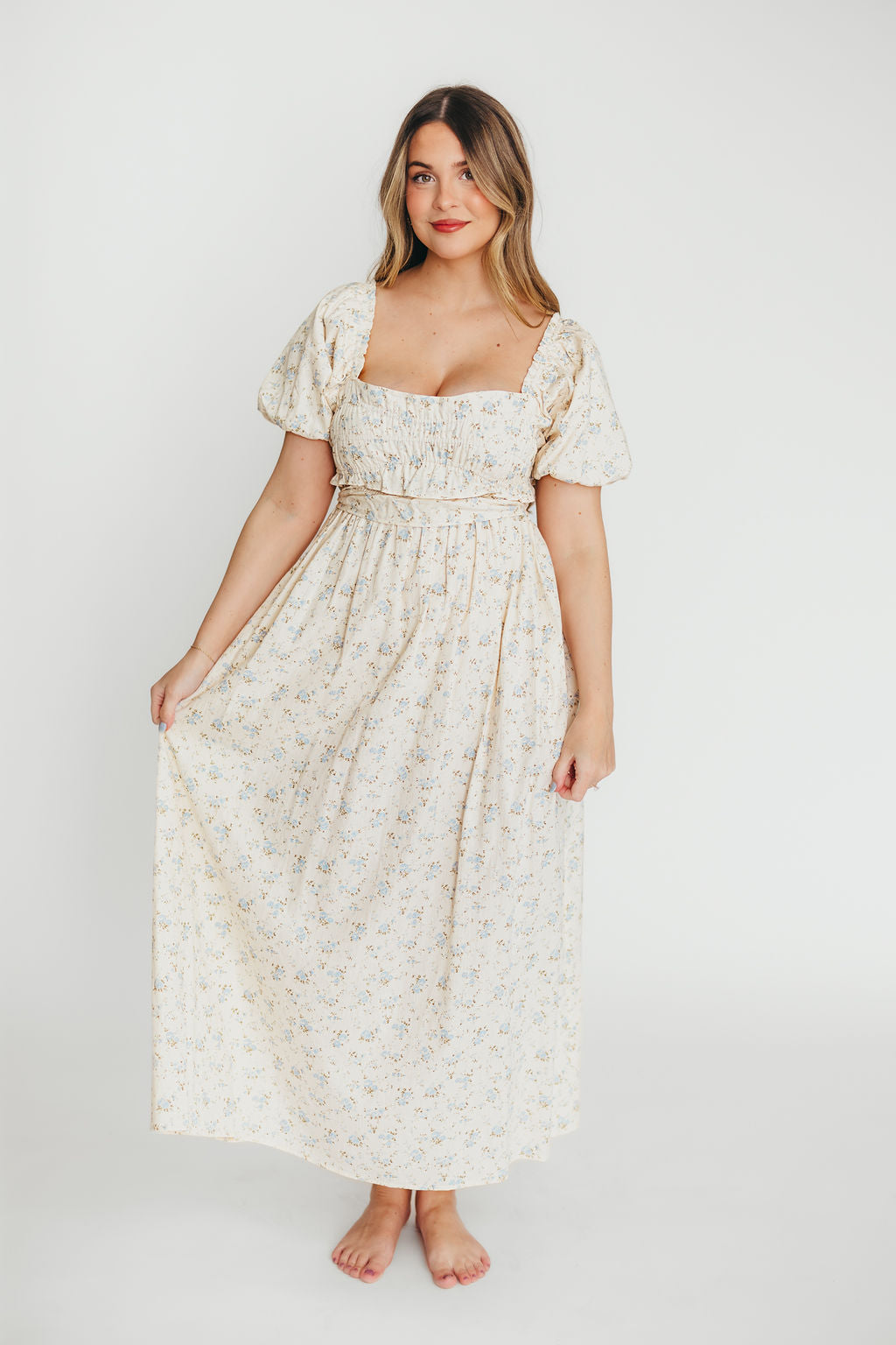 Finley 100% Cotton Peplum Midi Dress - Ivory & Blue - Bump & Nursing Friendly Maternity Dress for Pregnancy & Breastfeeding | Perfect for Casual Outings, Baby Showers & Nursing Dates
