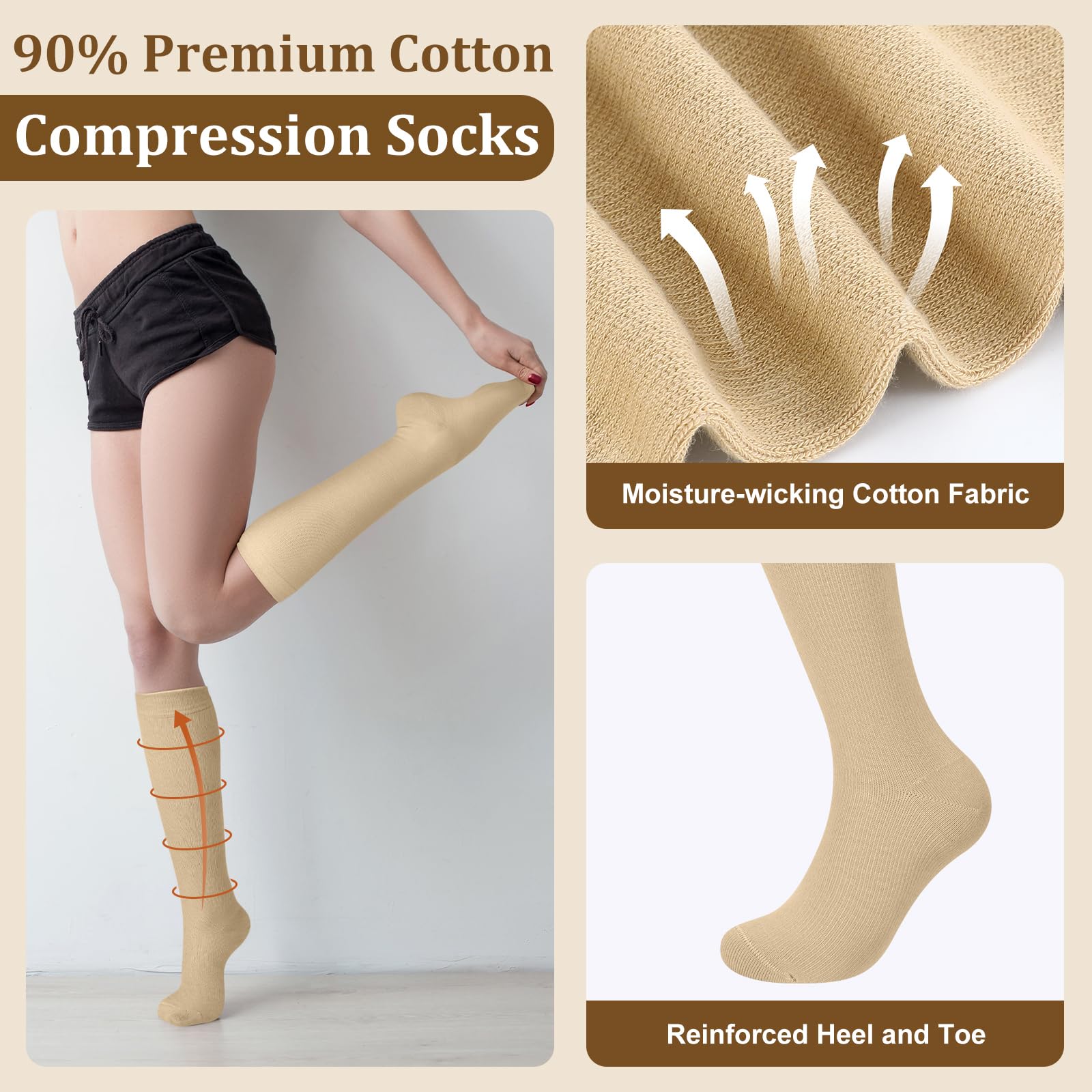 4 Pairs Cotton Compression Socks for Women & Men (20-30mmHg) - Best Support Stockings for Running, Hiking, Cycling - Improve Circulation & Reduce Swelling for Travel & Work