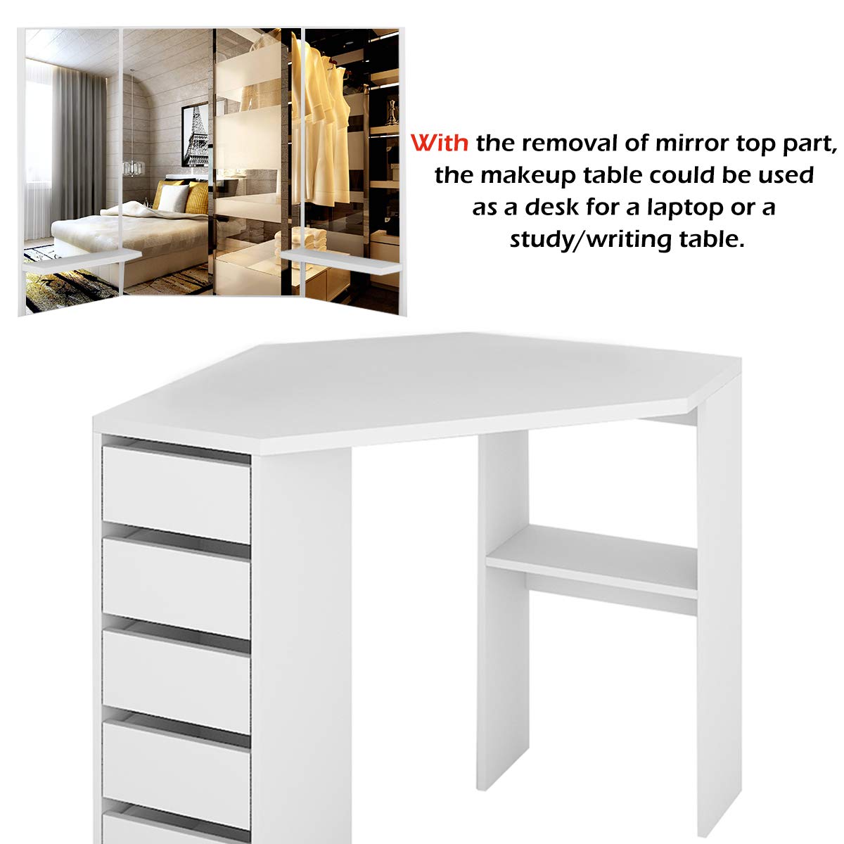 Corner Makeup Vanity Table with Mirror, Makeup Desk with Counter Space & 5 Drawers - Dressing Room & Bedroom Furniture for Women, Girls | Perfect for Home Beauty Salon, Bedroom Organization & Makeup Storage