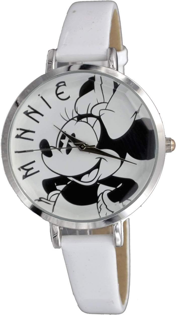 Disney MINAQ519 Women's Minnie Mouse Crystal Watch - White Leather Strap Analog Quartz Watch for Women - Perfect for Disney Fans, Daily Wear & Gift Giving