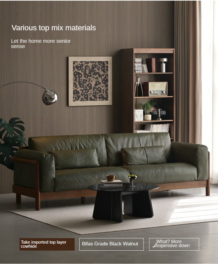 Modern Black Walnut Solid Wood Leather Sofa - Luxury Living Room Furniture for Home & Office Decor