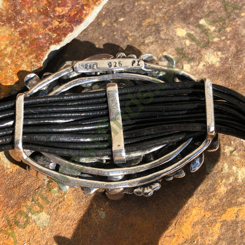 Sterling Silver Floral Buckle Bracelet with Black Leather Cord - Elegant Boho Jewelry for Women, Perfect for Parties, Weddings & Everyday Wear
