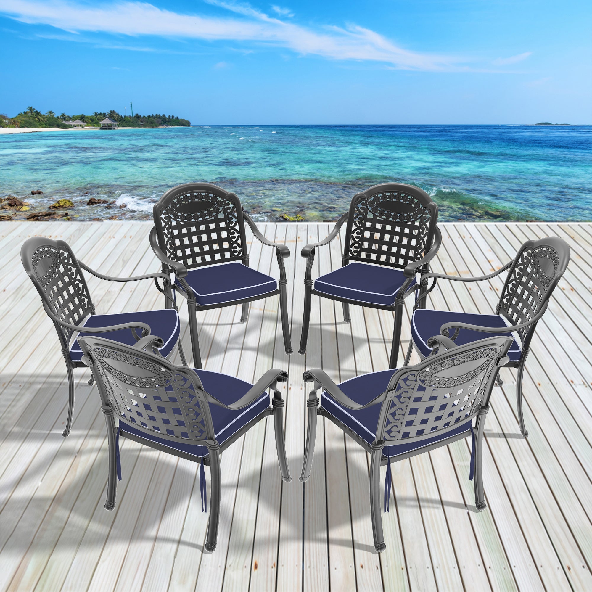 6-Piece Cast Aluminum Patio Dining Chair Set with Black Frame & Cushions - Outdoor Garden Furniture for Backyard, Poolside, and Restaurant Use