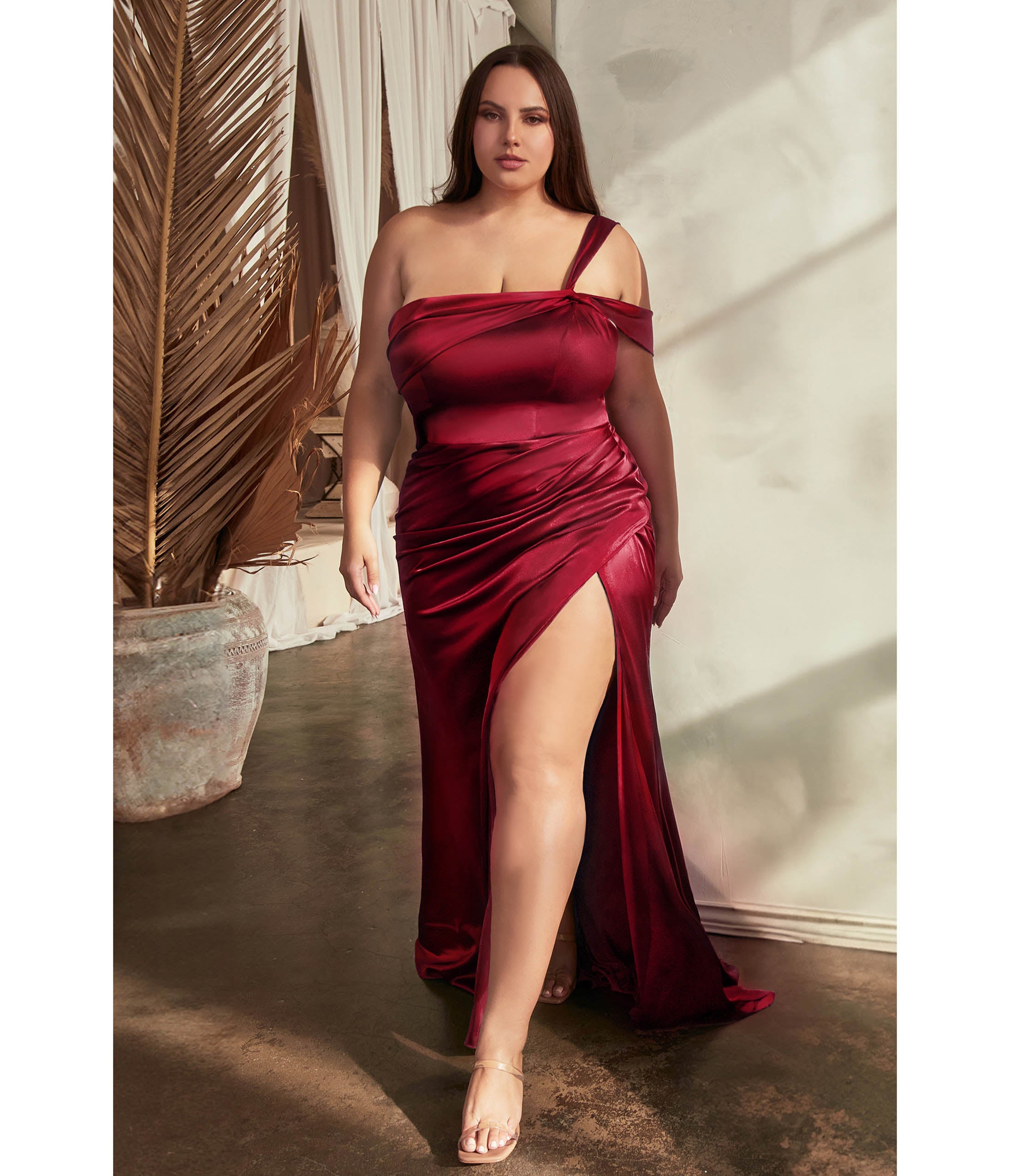 Ladivine by Cinderella Divine Plus Size Burgundy Ruched Satin One Shoulder Evening Gown - Elegant Formal Dress for Prom, Wedding, Cocktail Party & Special Occasions