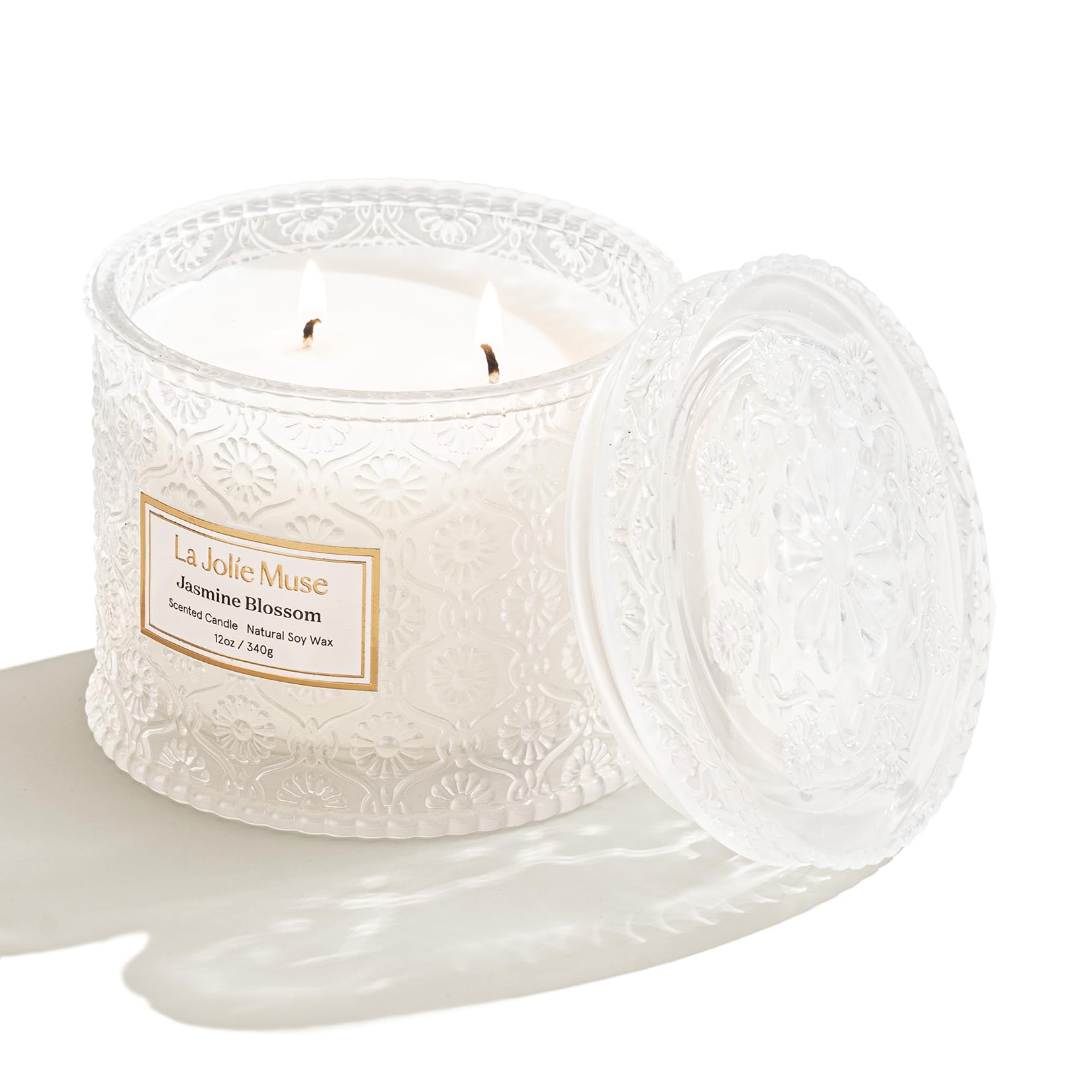 LA JOLIE MUSE Jasmine Scented Candle - 12oz Luxury 2-Wick Soy Candle for Home, 60 Hours Long Burning, White Decorative Candle - Perfect for Mother's Day Gifts, Relaxation & Aromatherapy