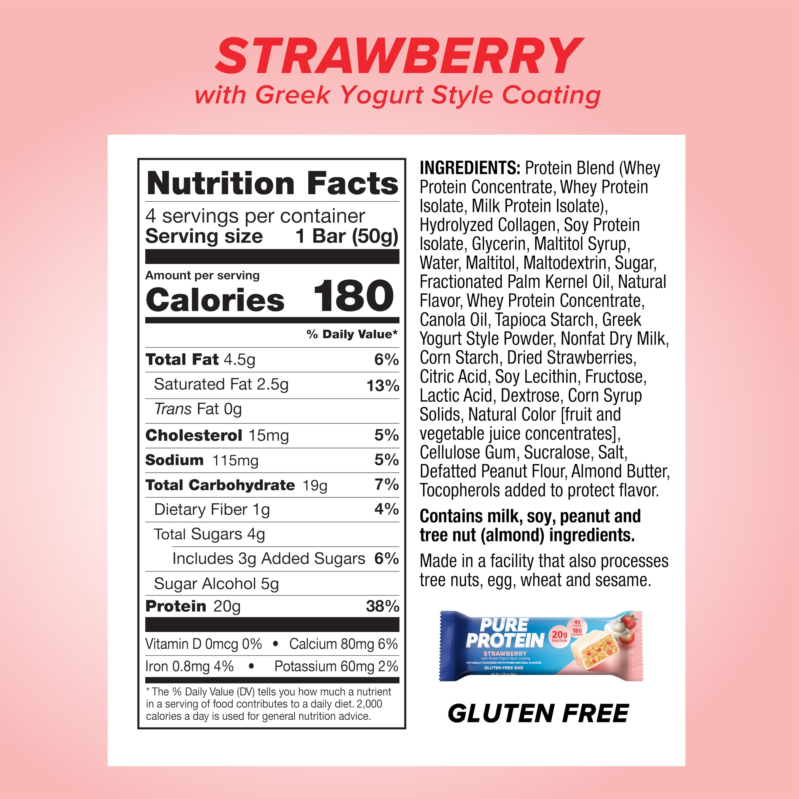 Pure Protein Bars - High Protein, Low Sugar, Gluten Free Snacks for Energy | Strawberry Greek Yogurt Flavor | 36 Pack | Perfect for Gym, Hiking & Healthy On-the-Go Nutrition