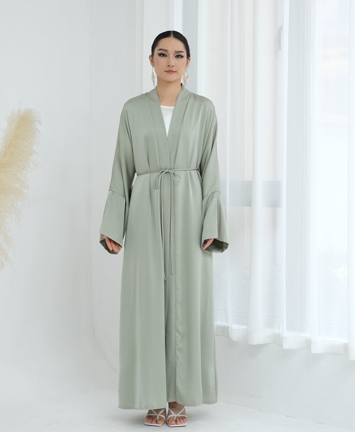Lavinia Satin Open Abaya for Women - Elegant Long Flowy Prayer Dress - Sage Green Islamic Modest Wear for Mosque, Eid & Special Occasions
