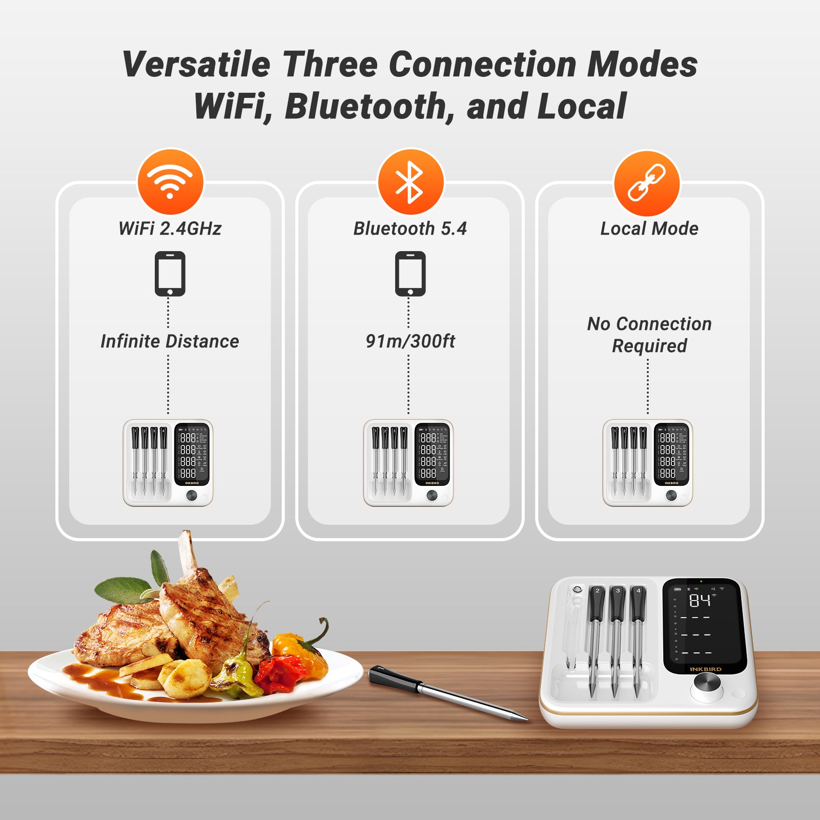 Wireless Meat Thermometer with WiFi & Bluetooth - INT 14 BW for Smart Cooking, Grilling, Smoking & Baking