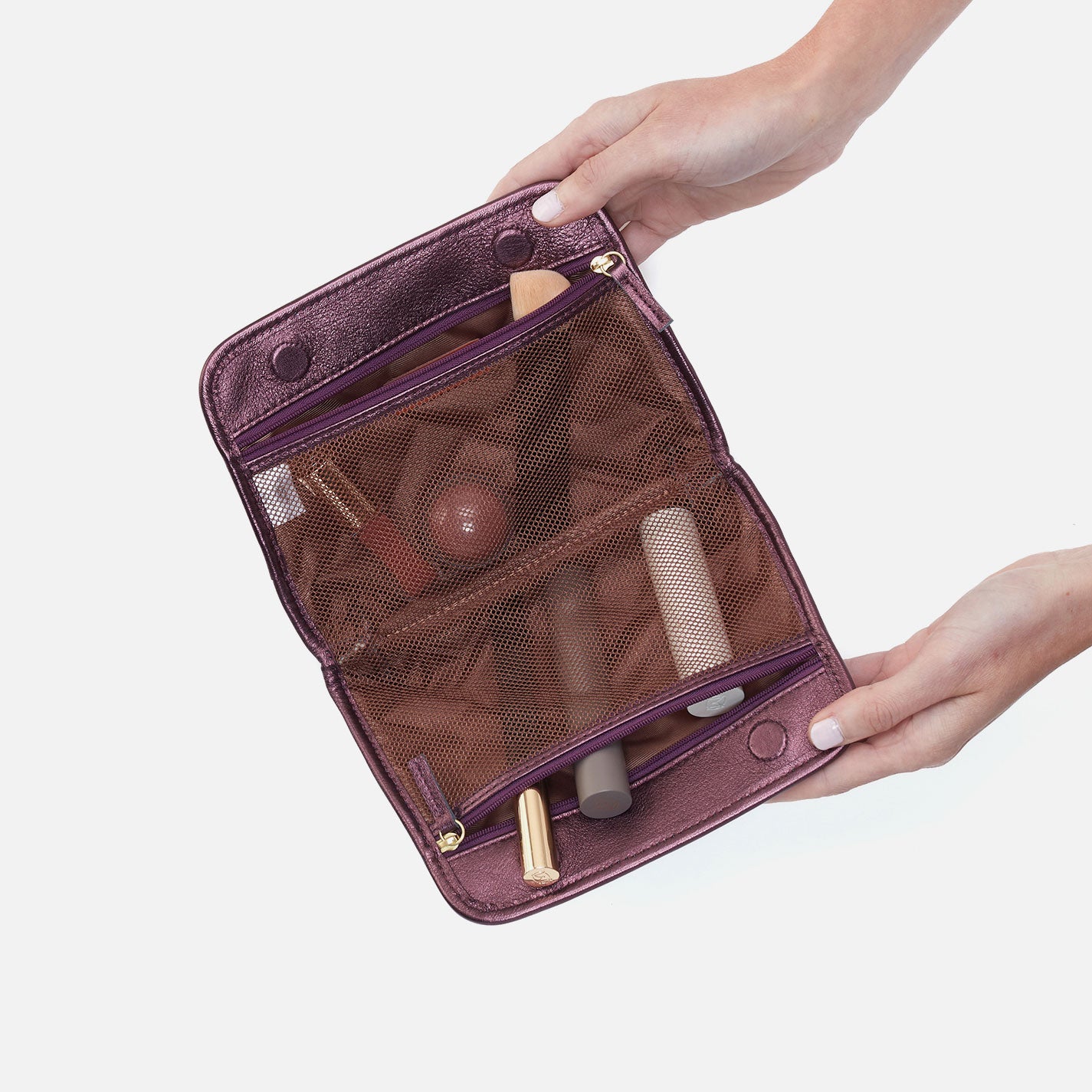 Premium Metallic Leather Cosmetic Pouch - Frosted Plum Color | Travel Makeup Bag for Women | Perfect for Everyday Use & Travel Essentials Organization