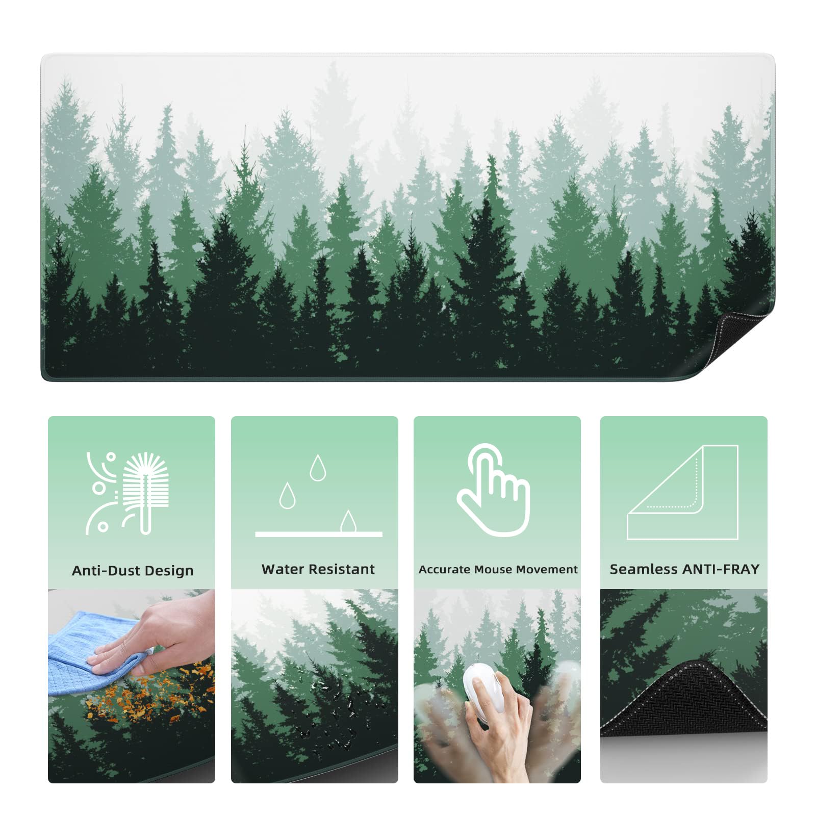 PULAIXIN 5-in-1 Ergonomic Gaming Keyboard and Mouse Pad Set with Wrist Support - Large 34.5x15.7 Inch Extended Desk Mat, Non-Slip Base - Green Forest Design for PC, Office & Gaming Setup