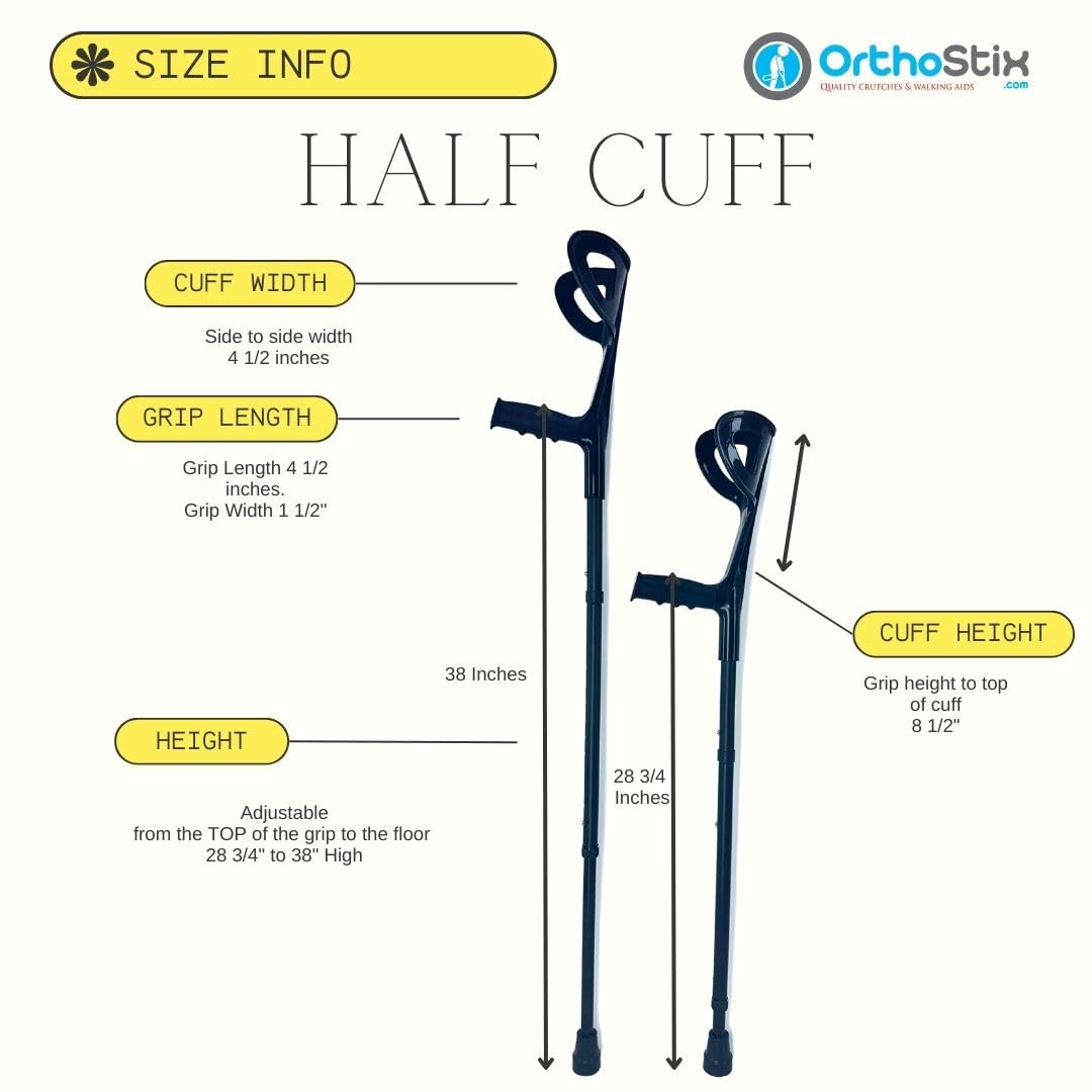OrthoStix Matte Black Folding Half Cuff Forearm Crutches for Adults - 4 Inch Cuff Size, Adjustable Lofstrand Crutches (Pair) - Ideal for Mobility Support, Injury Recovery & Daily Use