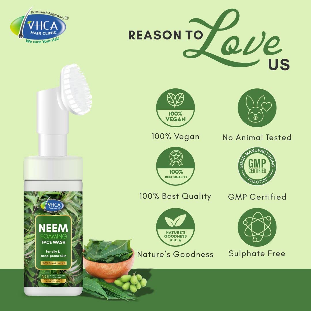 VHCA Neem Foaming Face Wash for Oily & Acne-Prone Skin | Paraben, Sulfate & Silicone Free | Gentle Cleanser for Men & Women | 100ml | Perfect for Daily Skincare Routine & Travel