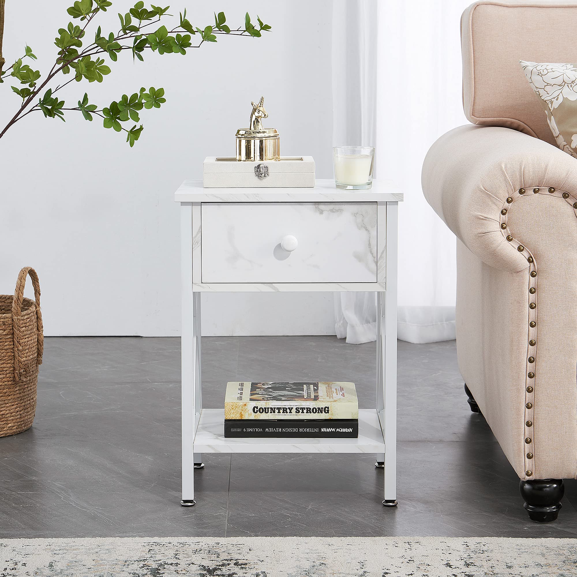 Modern Night Stand with Storage Drawer - X-Design End Table for Bedroom, Living Room & Office - Set of 2 White Nightstands for Small Spaces & Apartment Decor