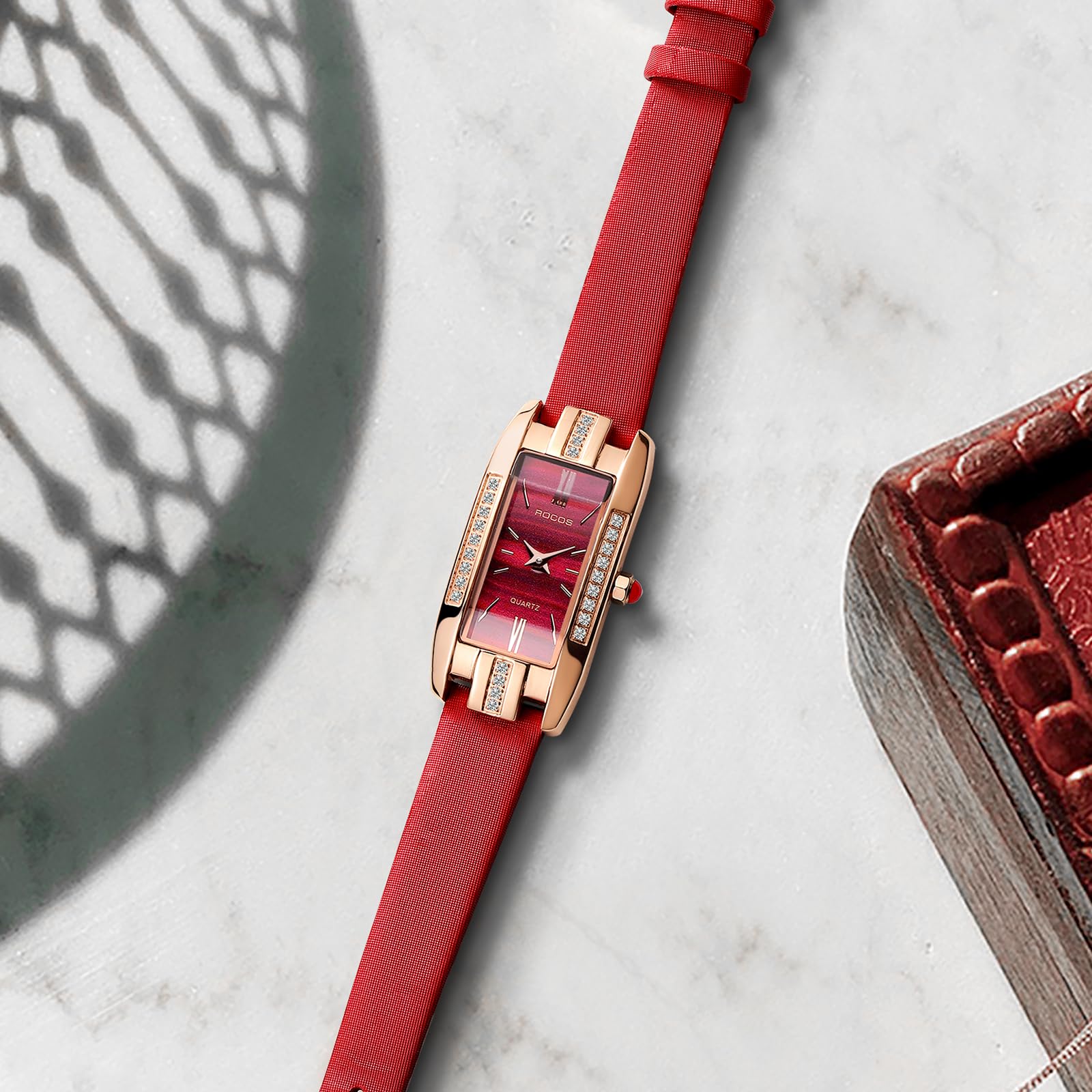 Elegant Women's Fashion Watch with Green/Red Dial & Leather Strap - Quartz Analog Dress Watch, Waterproof & Diamond Accent - Perfect for Office, Party & Casual Wear (Model RW0209S)