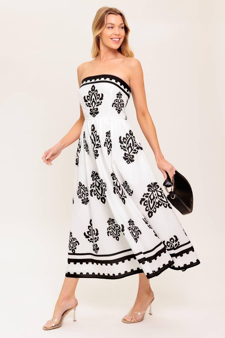 CAFE IN PARIS Strapless Midi Dress - Ivory & Black Floral Print Summer Dress for Beach Wedding, Vacation & Date Night