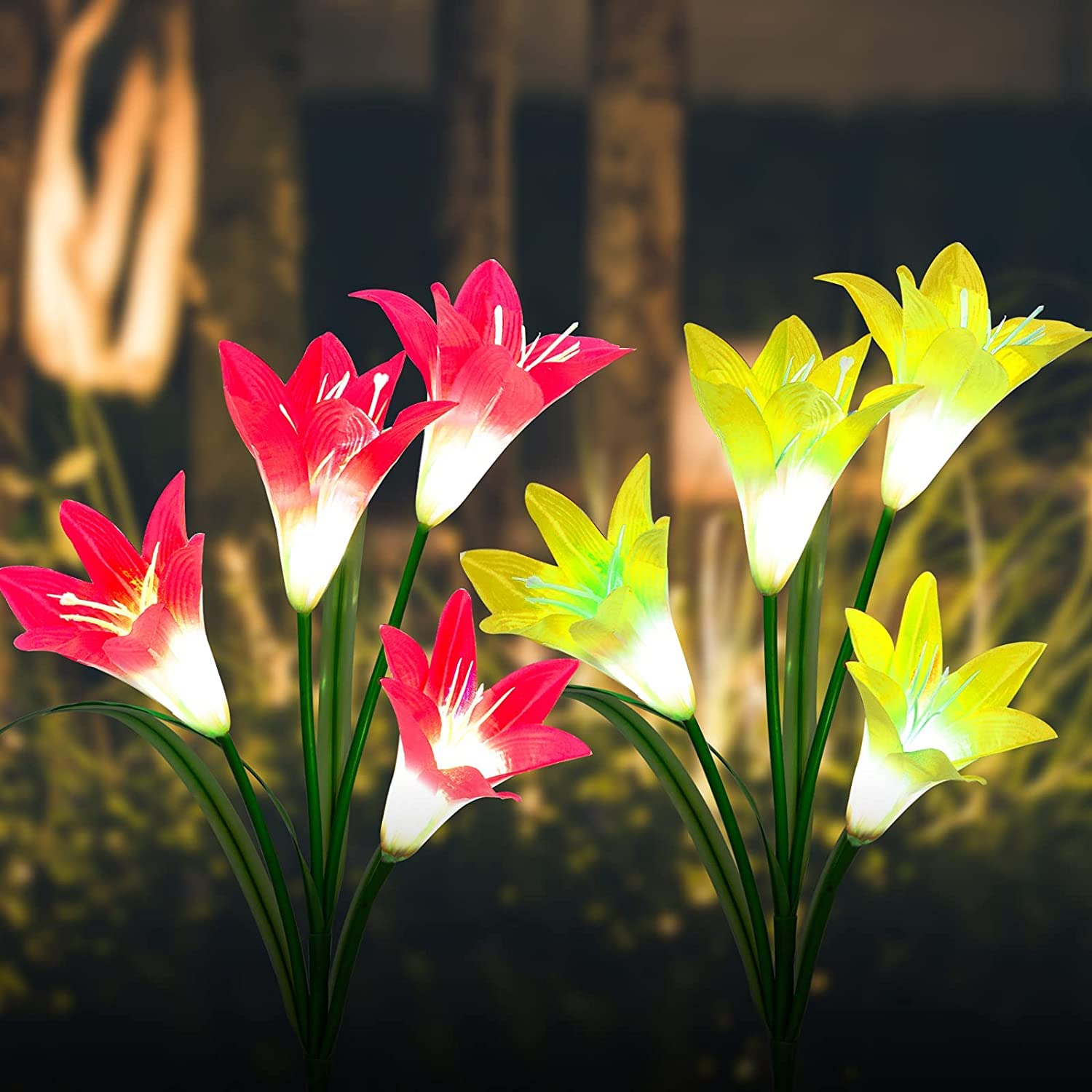 OBOLTS BASIWEI 2 Pack Solar Garden Stake Lights with 8 Lily Flowers - Waterproof Solar Powered Fairy Lights for Outdoor, Garden, Patio, Backyard (Yellow & Red) - Perfect for Pathway Lighting, Landscape Decoration, and Evening Ambiance