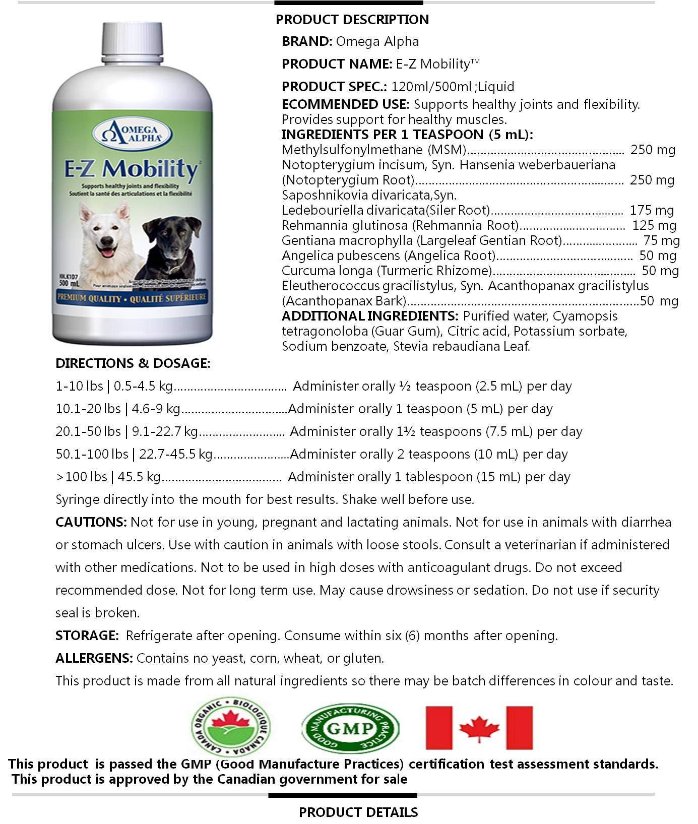 E-Z Mobility Hip and Joint Supplement for Dogs & Cats - MSM Pet Supplements with Glucosamine & Chondroitin for Tendon Support, Flexibility & Muscle Stiffness Relief - 500ml Liquid Formula for Senior Pets & Active Animals - Ideal for Post-Exercise Recovery & Daily Joint Care