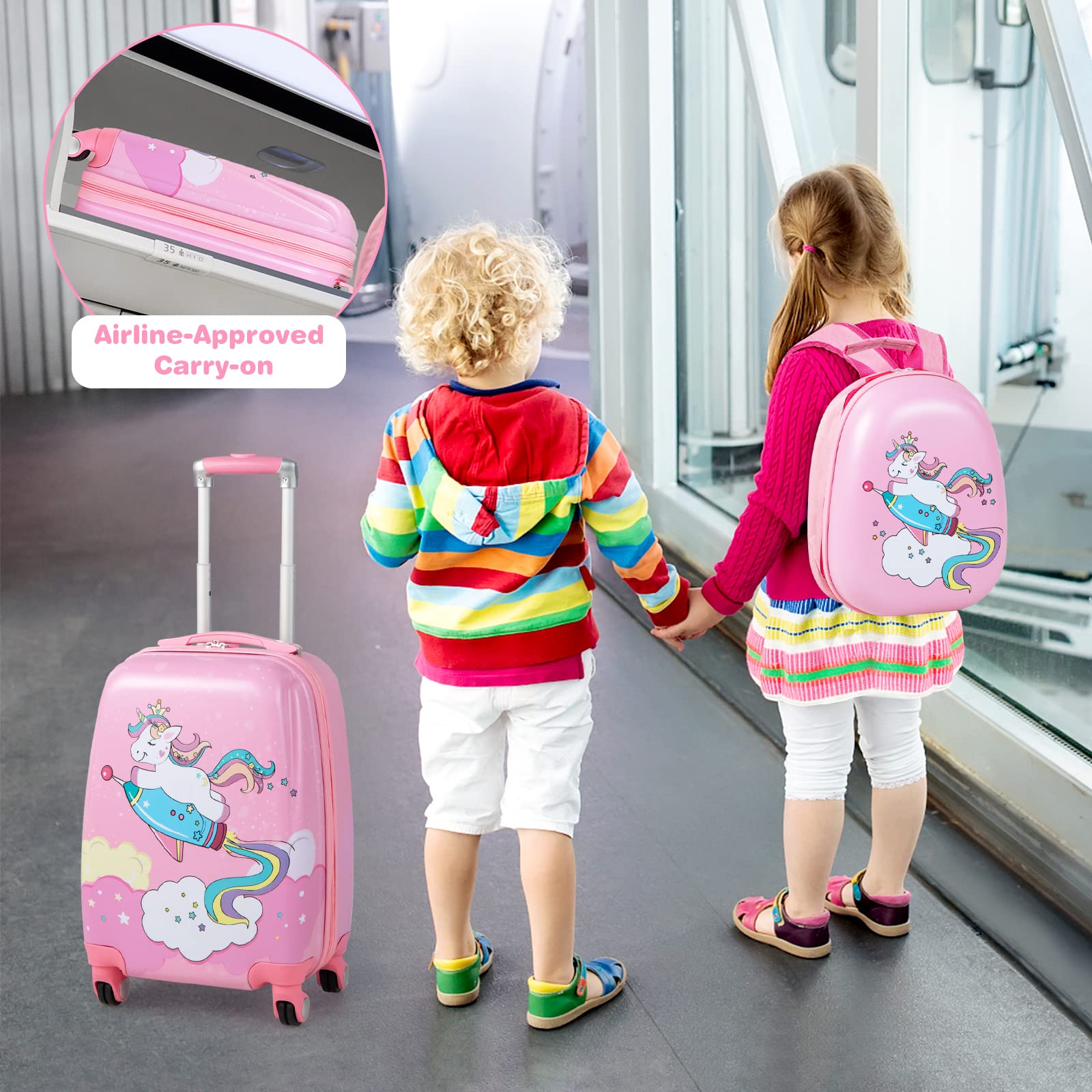 GYMAX 2-Piece Kids Carry-On Luggage Set with 4 Spinner Wheels - 12