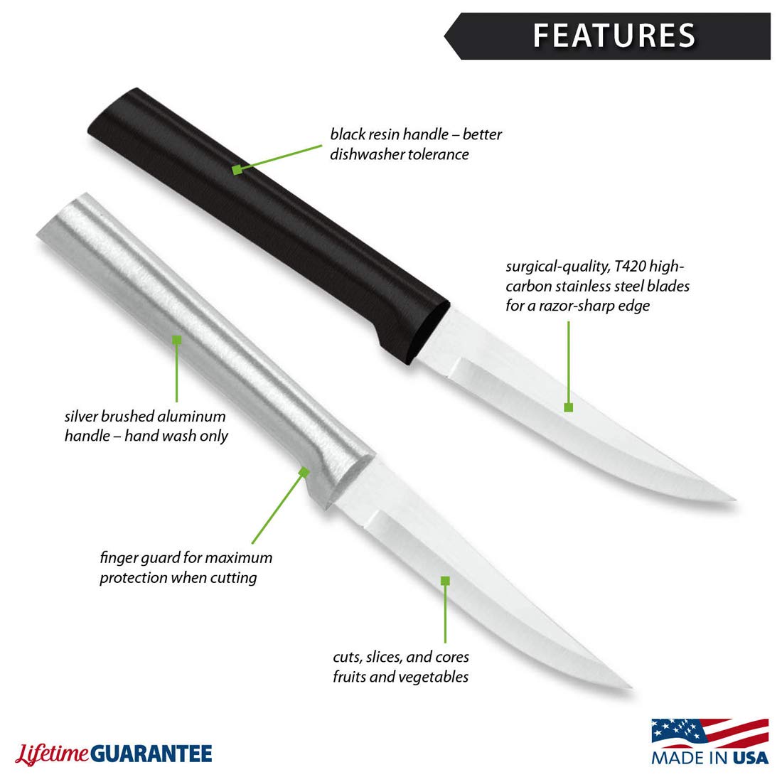 Premium Rada Cutlery Heavy Duty Paring Knife Set - 2 Pack Stainless Steel Kitchen Knives with Silver Ergonomic Handle - Perfect for Peeling, Slicing Fruits & Vegetables, Food Prep