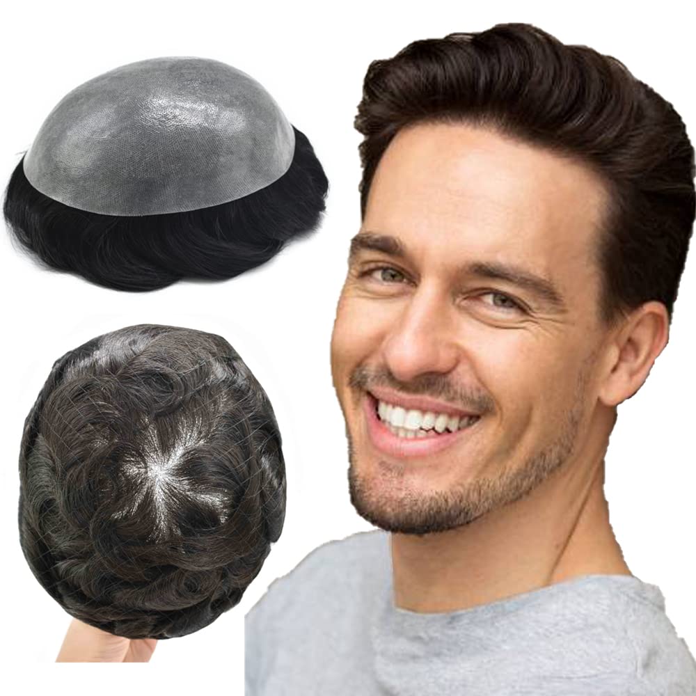 Premium 100% European Human Hair Toupee for Men - 0.12mm Thin Skin V-Looped Hair Replacement System with Durable Poly Base (7