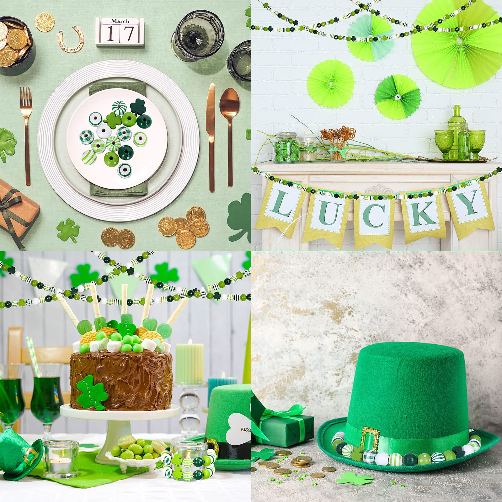 Whaline 220Pcs St. Patrick's Day Wood Beads - Green Shamrock, Round Shape, Plaids & Stripes Prints, Irish Style Assorted Craft Beads with Hemp Rope for DIY Necklace, Bracelet, Keychain & Bead Garland Making Supplies