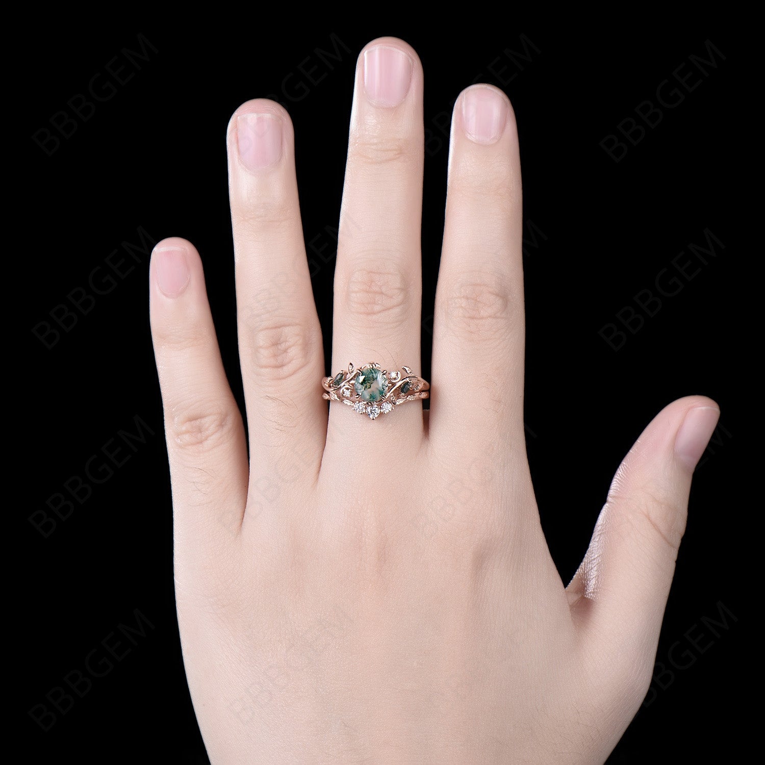 14K Rose Gold Moss Agate Engagement Ring Set - Nature Inspired Leaf Vine Design with Round Aquatic Agate Wedding Band (2-Piece Bridal Set) | Perfect for Outdoor Weddings, Beach Proposals & Boho Chic Jewelry Lovers