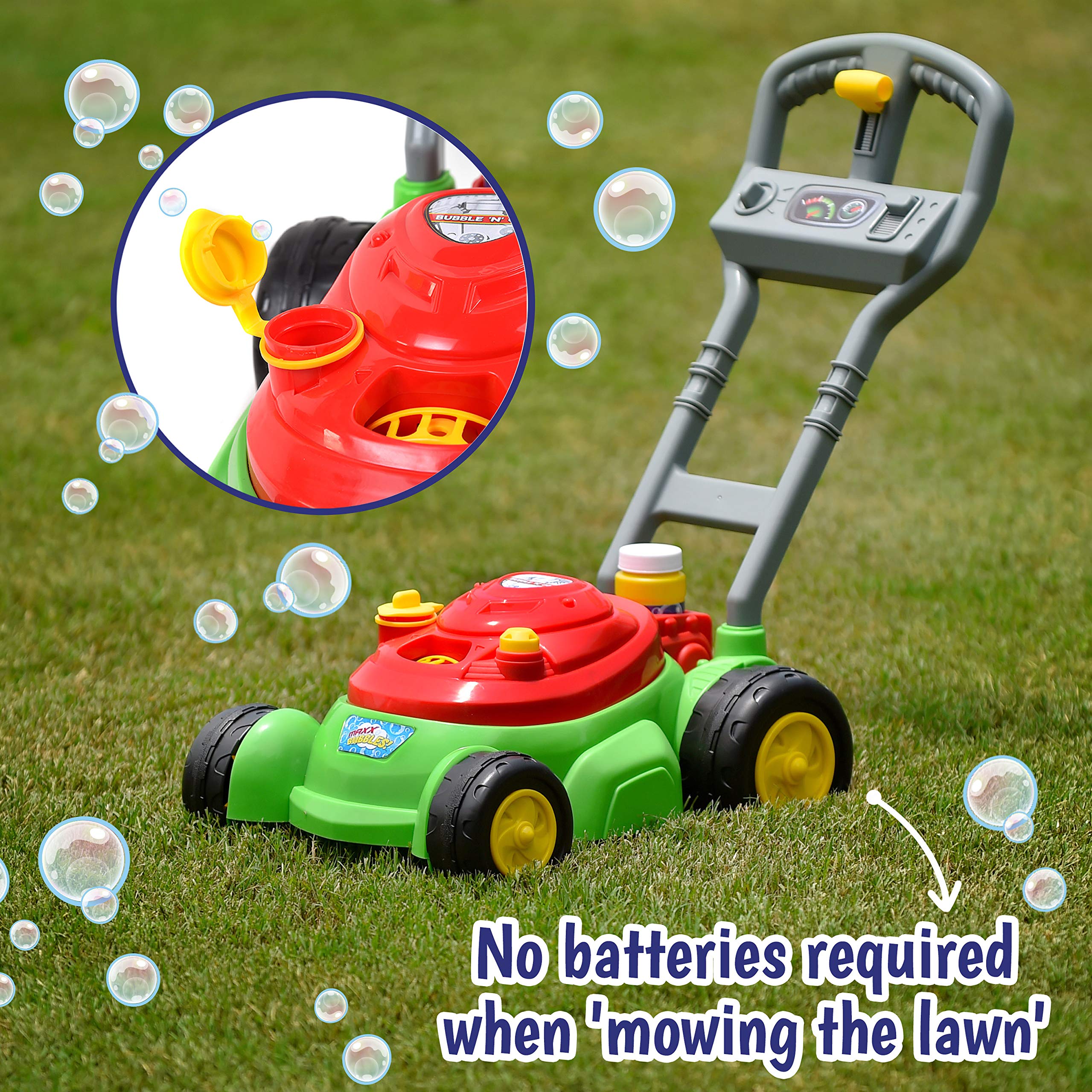Maxx Bubbles Deluxe Bubble Lawn Mower Toy for Kids - Outdoor Bubble Blower Machine with 4oz Bubble Solution Included | No Batteries Needed, Easy Push & Play Design | Red Amazon Exclusive by Sunny Days Entertainment | Perfect for Backyard Play, Birthday Parties & Summer Outdoor Activities