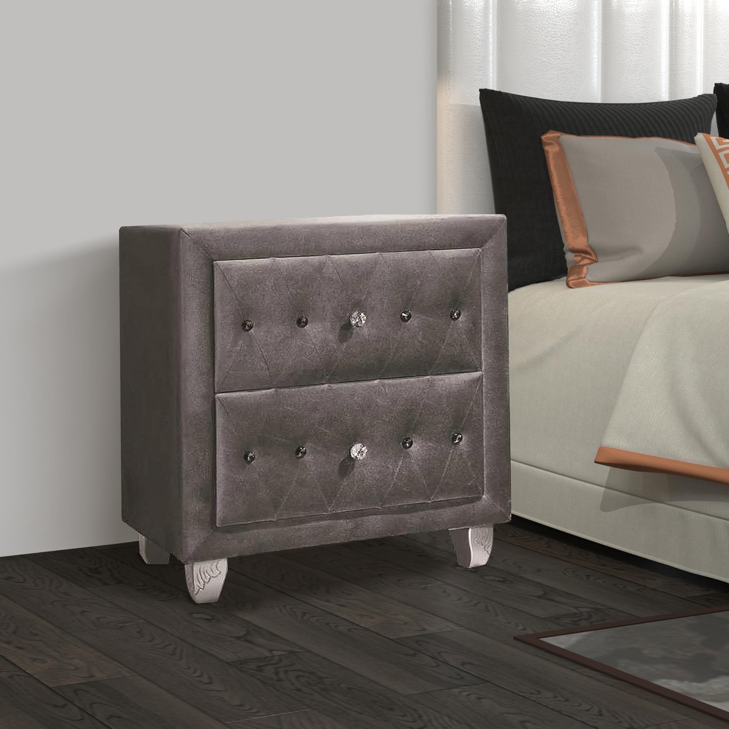 Benjara Fabric Upholstered Nightstand with Button Tufting - Gray Bedside Table for Bedroom, Living Room & Guest Room - Modern Small End Table with Storage