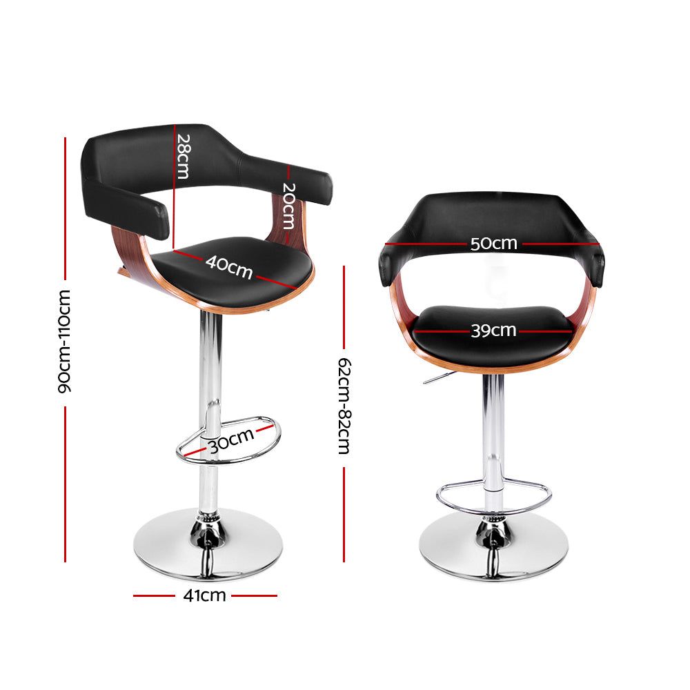 Adjustable Height Bar Stools with Gas Lift Mechanism - PU Leather Upholstery & Armrests - Black Counter Stools for Kitchen Island, Breakfast Bar, or Home Pub - Set of 2