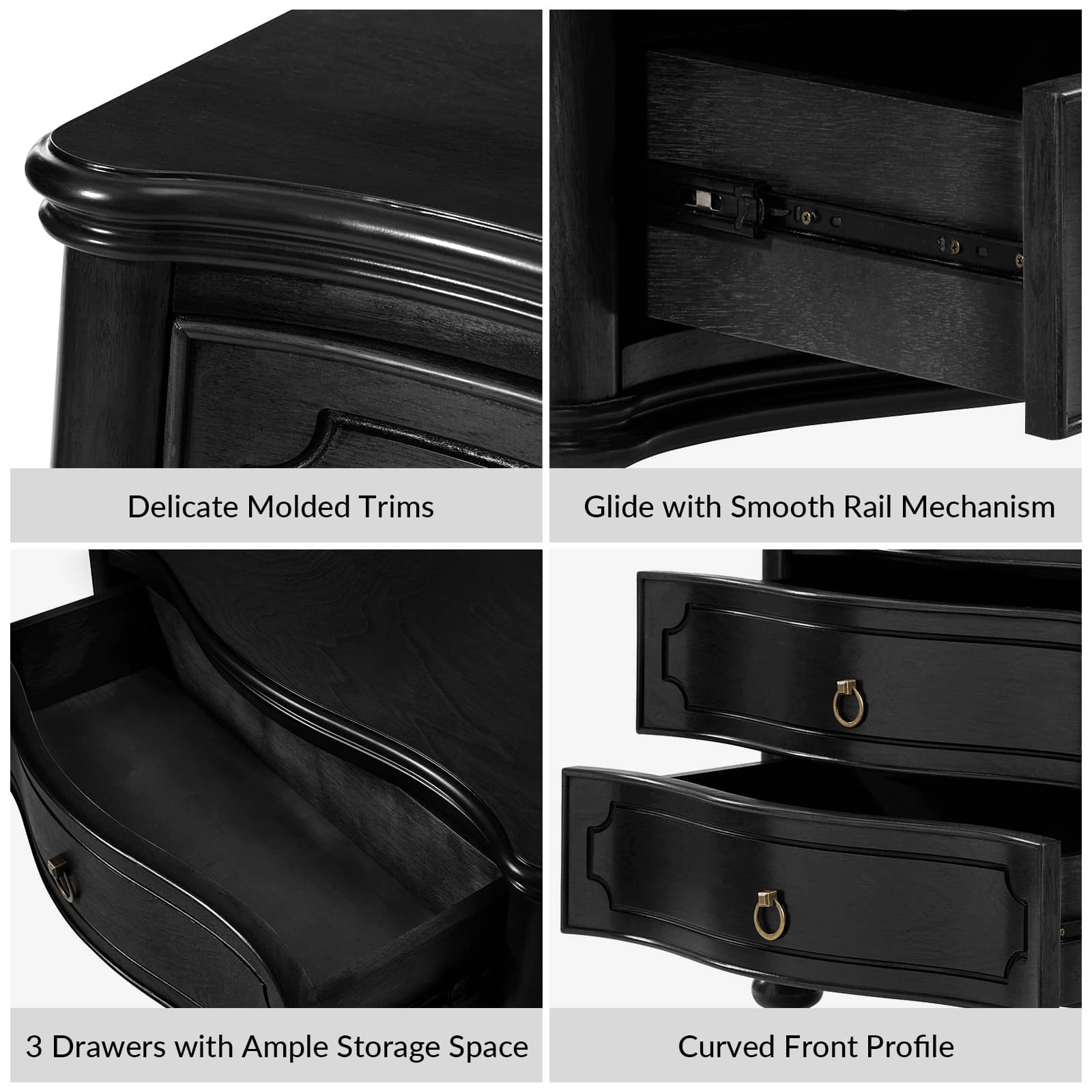 Bernhard 3 Drawer Traditional Nightstand with USB Outlets - Solid Wood Bedside Table for Bedroom, Living Room & Office - Charging Station & Storage Cabinet
