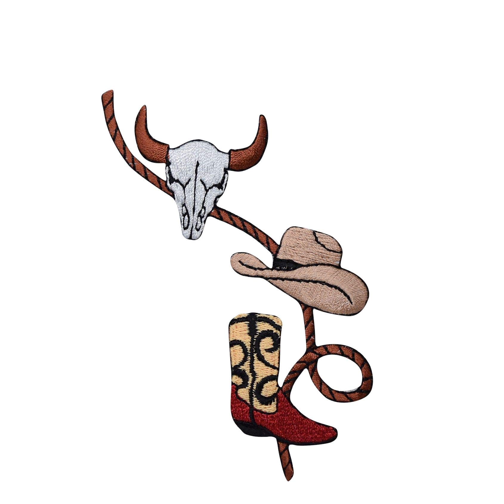 Western Style Rope with Boot, Cowboy Hat & Skull Embroidered Iron-On Patch for Jackets, Jeans, Hats - Perfect for Bikers, Cowboys & Western Fashion Lovers