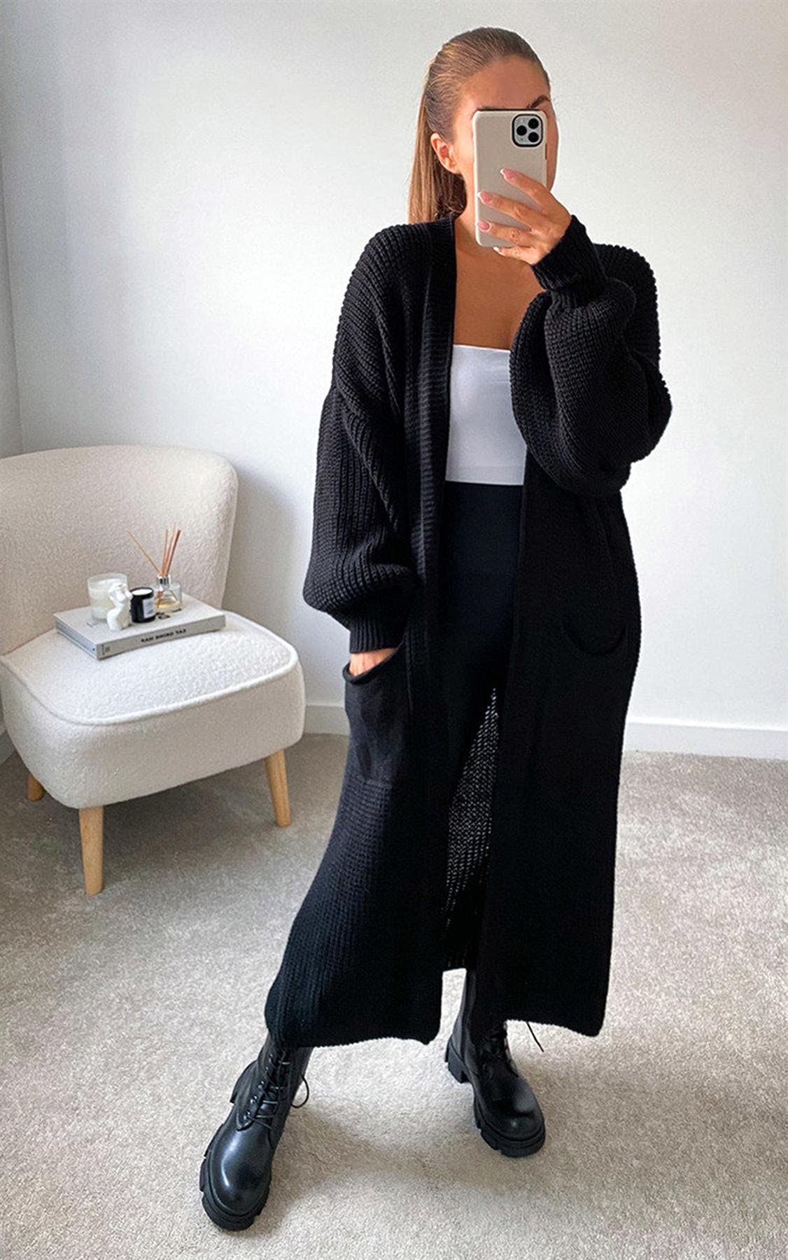 Women's Knitted Open Front Slouchy Balloon Sleeve Long Cardigan | Basic Puff Sleeve Boyfriend Sweater Coatigan | UK Size 8-14 | Perfect for Casual Outings & Cozy Evenings