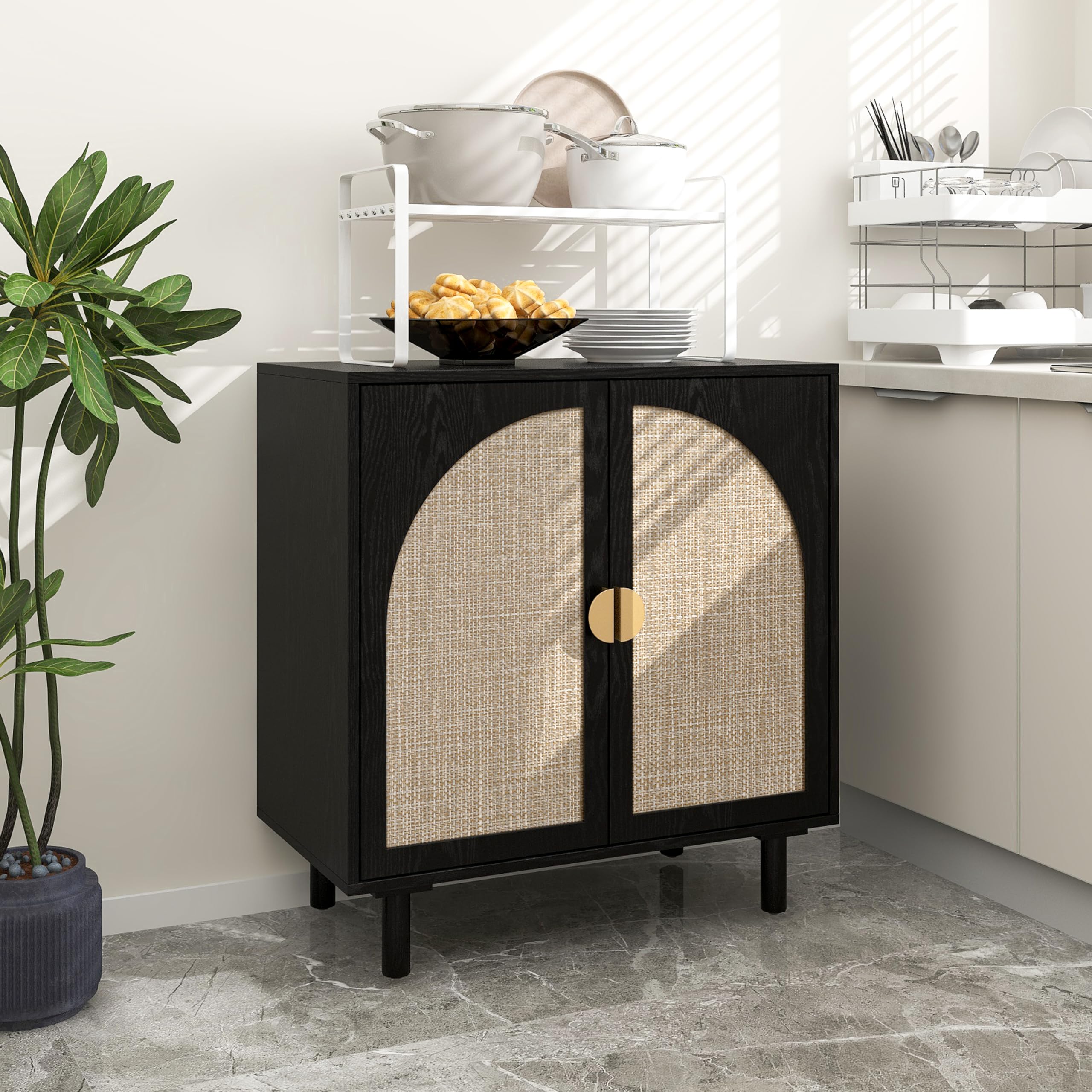 Natural Rattan Sideboard Buffet Cabinet with 2 Wicker Doors - Boho Wood Credenza for Living Room & Kitchen Storage | Accent Furniture for Dining Room, Hallway & Entryway (Black)