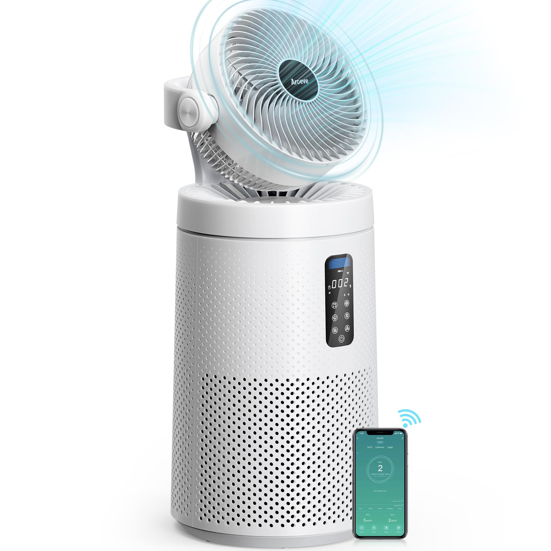 AROEVE Smart WiFi Air Purifier & Fan Combo for Large Rooms up to 1980 Sq.Ft - 2-in-1 Air Circulator with Washable Filter, Oscillating, White (MK08W) - Perfect for Bedrooms, Living Rooms and Home Offices