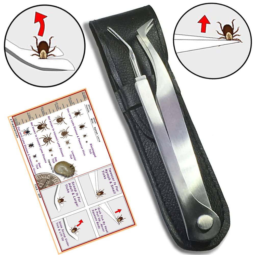 eTradewinds Tick Remover Tool Set - 2 Pack Stainless Steel Tick Removal Device with Leather Case | Safe & Hygienic Pet Tick Tweezers for Dogs, Cats | Perfect for Hiking, Camping & Outdoor Adventures
