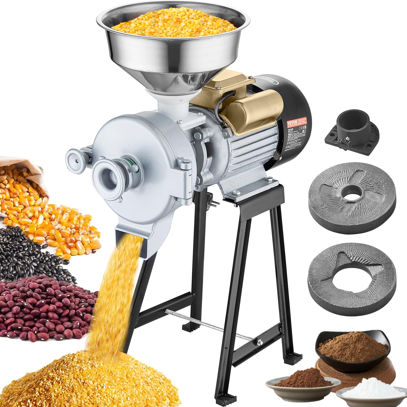 VEVOR 3000W Commercial Electric Grain Mill Grinder - Adjustable Corn Wheat Spice Grinder for Flour, Cereal & Feed - Heavy Duty Dry & Wet Powder Machine with Funnel - Perfect for Bakeries, Restaurants & Home Kitchens